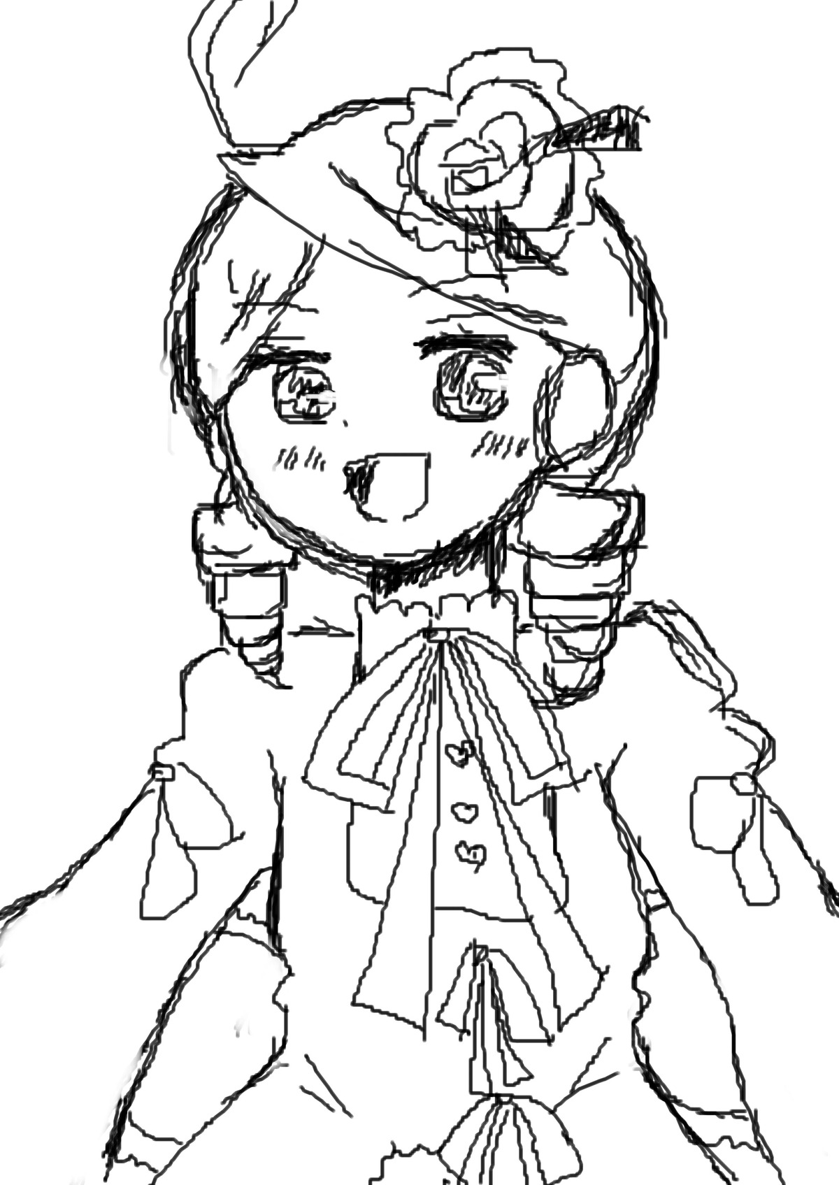 1girl :d blush dress greyscale image kanaria long_sleeves monochrome open_mouth ribbon simple_background smile solo upper_body white_background