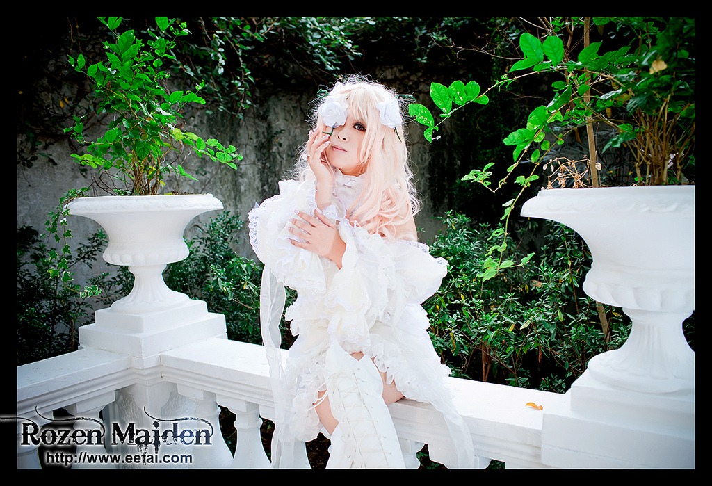 1girl dress kirakishou leaf letterboxed long_hair solo white_dress white_hair