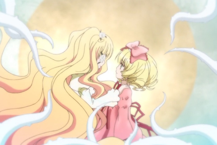 2girls blonde_hair blurry blurry_background blurry_foreground bow curly_hair depth_of_field dress hair_bow hinaichigo image kirakishou long_hair motion_blur multiple_girls pair pink_bow pink_dress profile short_hair smile very_long_hair