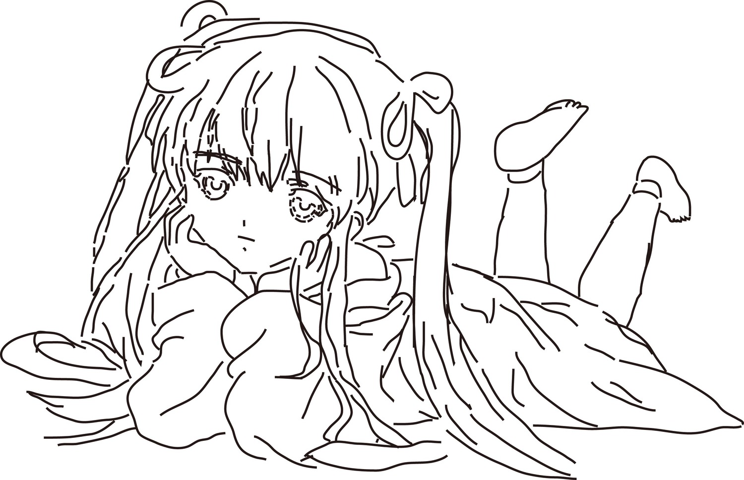 1girl bangs blush eyebrows_visible_through_hair greyscale hair_ornament image long_hair long_sleeves looking_at_viewer lying monochrome on_stomach pointy_ears shinku sleeves_past_wrists socks solo twintails wings