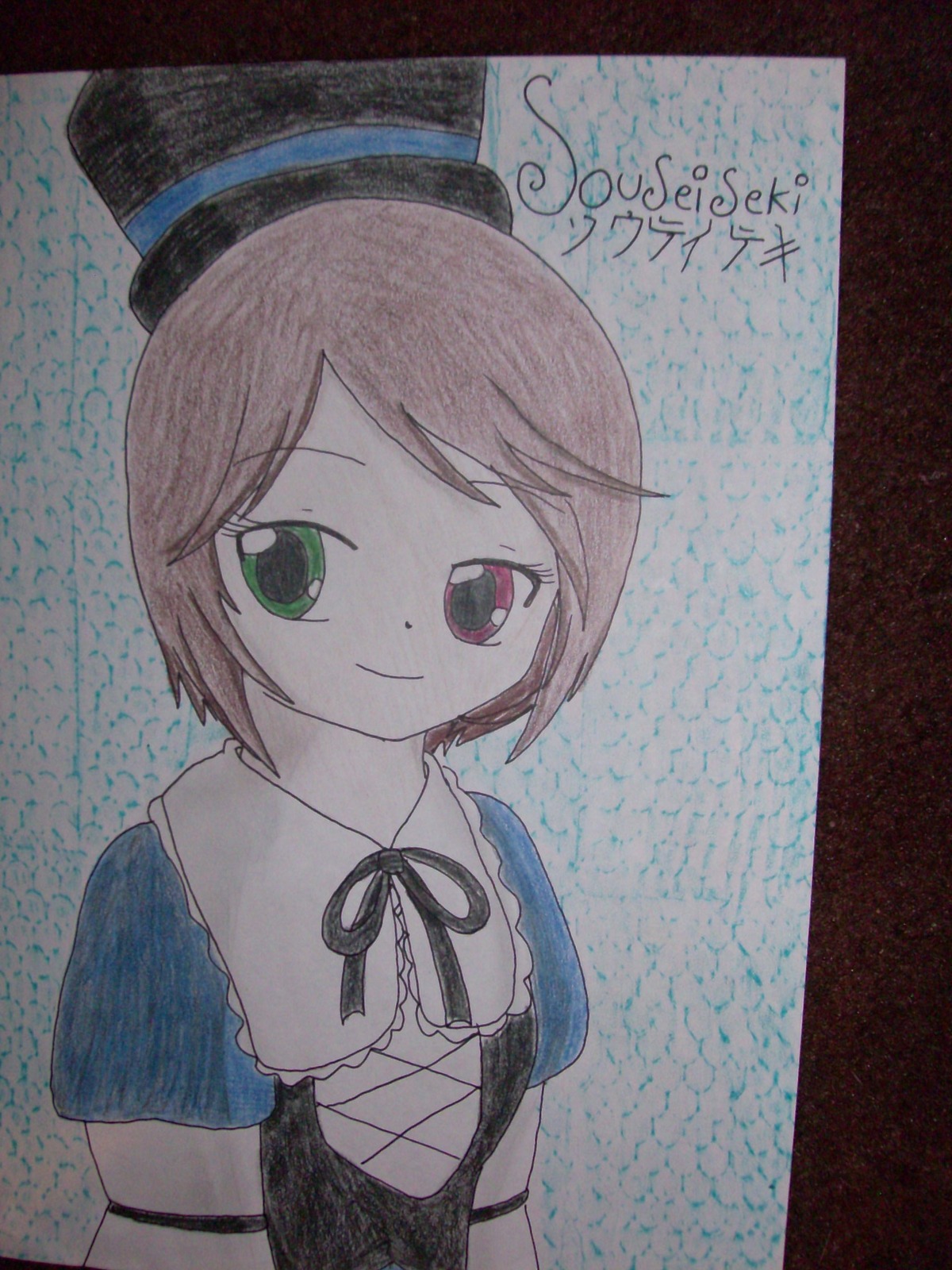 1girl brown_hair dress green_eyes hat heterochromia image looking_at_viewer neck_ribbon ribbon short_hair short_sleeves smile solo souseiseki traditional_media upper_body