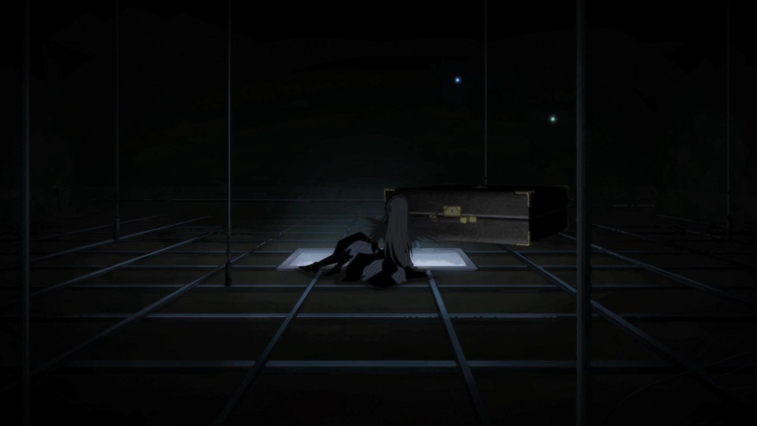 1girl dark image indoors long_hair piano scenery sitting solo standing suigintou white_hair