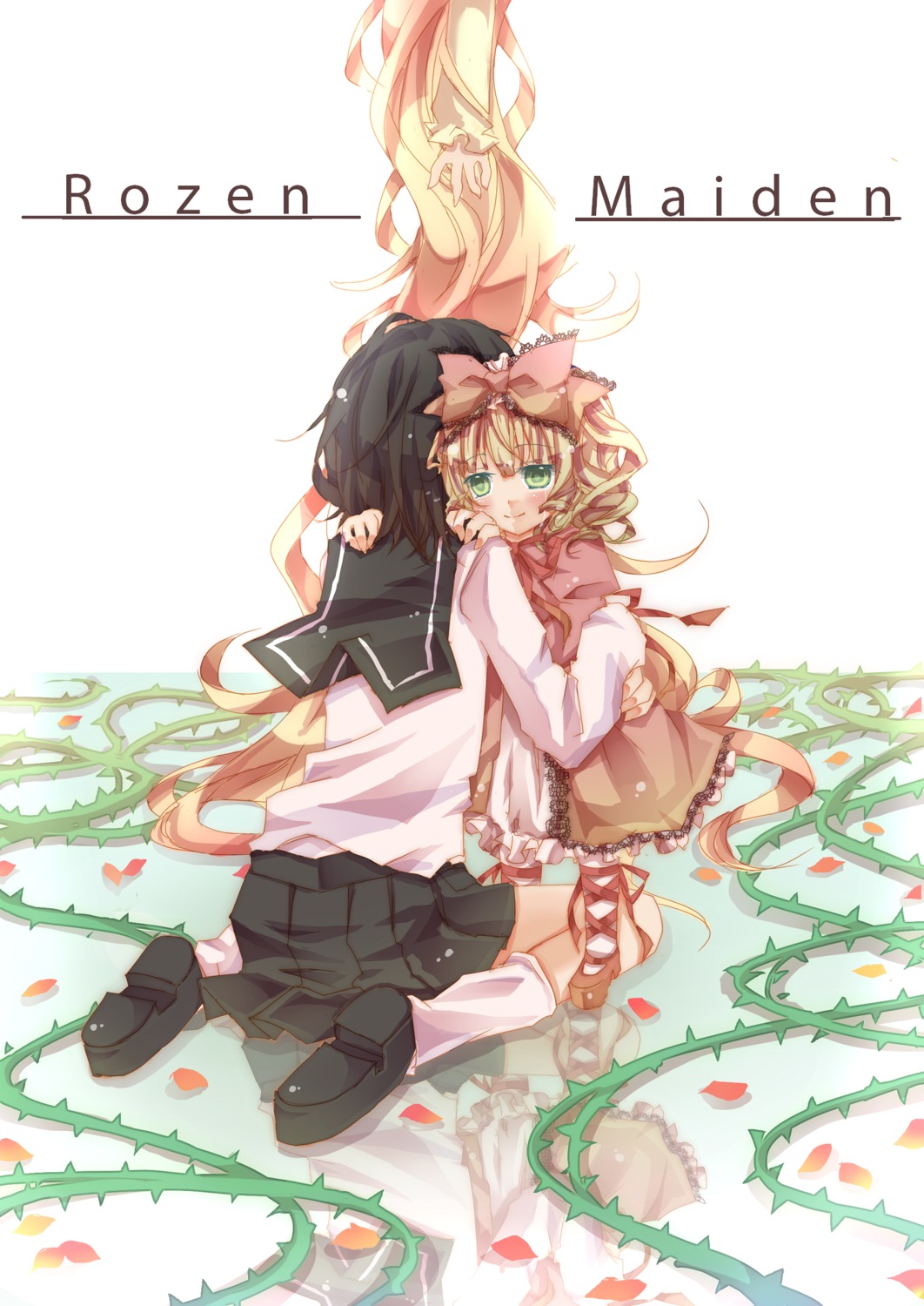 2girls black_hair blonde_hair bow copyright_name dress green_eyes hair_bow hina_ichigo hinaichigo image kashiwaba_tomoe long_hair long_sleeves multiple_girls petals school_uniform serafuku shoes short_hair solo striped very_long_hair