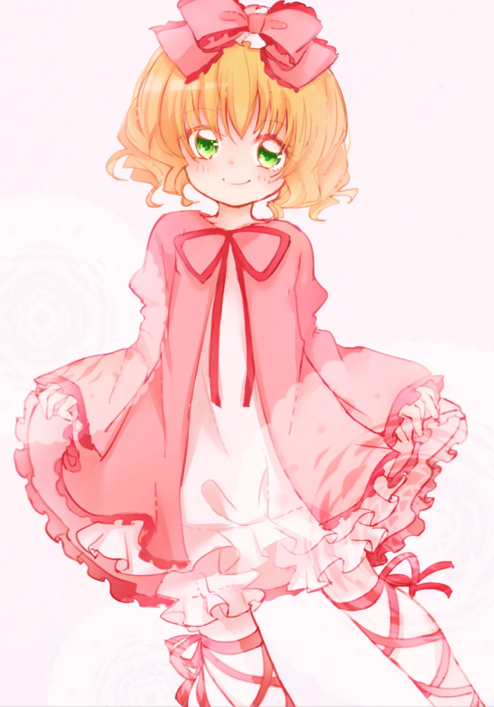 1girl blonde_hair bloomers blush bow dress frills green_eyes hair_bow hina_ichigo hinaichigo image leg_ribbon long_sleeves pink_bow ribbon short_hair smile solo striped underwear
