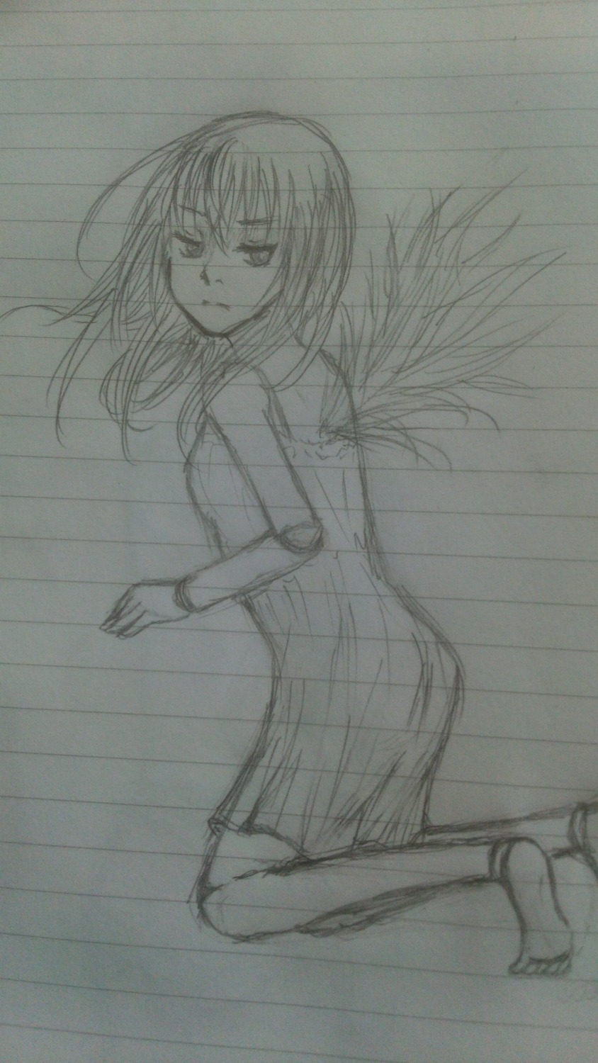 1girl barefoot dress image kneeling long_hair looking_at_viewer monochrome sketch solo suigintou traditional_media