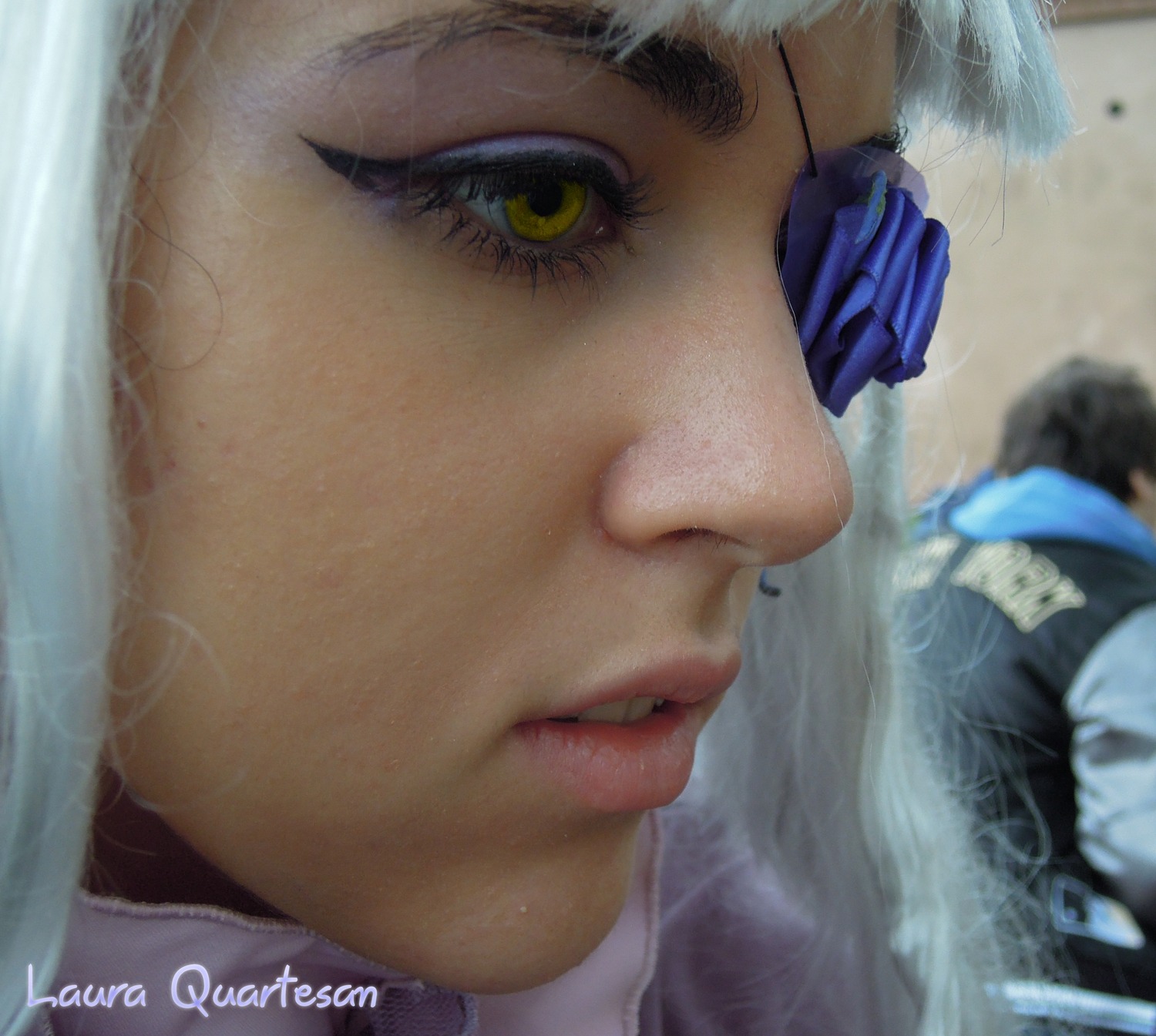 artist_name barasuishou black_hair blurry blurry_foreground close-up depth_of_field eyelashes face freckles lips nose realistic reflection solo water yellow_eyes