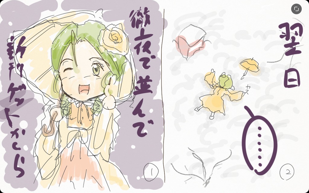 ... 1girl comic dress flower green_eyes green_hair hair_flower hair_ornament image kanaria long_sleeves one_eye_closed rain solo spoken_ellipsis umbrella