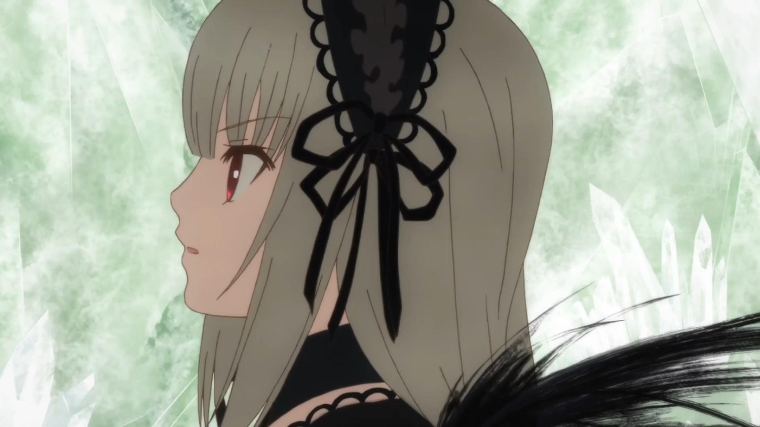 1girl bangs black_dress black_ribbon dress eyebrows_visible_through_hair frills hairband image long_hair parted_lips red_eyes ribbon silver_hair solo suigintou