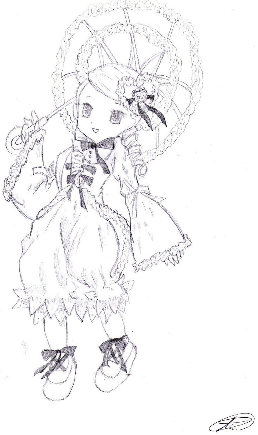 1girl :d animal_ears blush bow dress drill_hair frills full_body greyscale image kanaria long_sleeves looking_at_viewer monochrome open_mouth signature sleeves_past_wrists smile solo standing striped twin_drills umbrella white_background wide_sleeves
