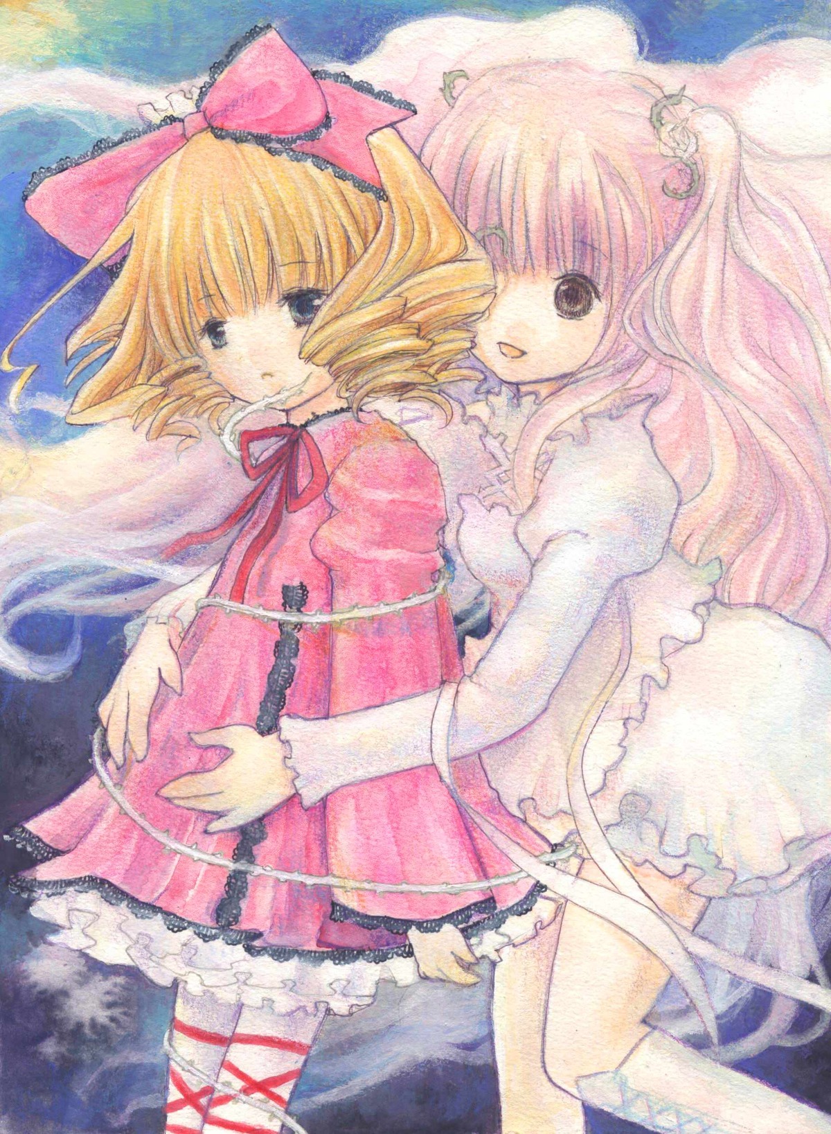2girls blonde_hair bow dress drill_hair frills hair_ornament hina_ichigo hinaichigo image kirakishou long_hair long_sleeves multiple_girls pair pink_bow pink_hair ribbon short_hair smile traditional_media watercolor_(medium)
