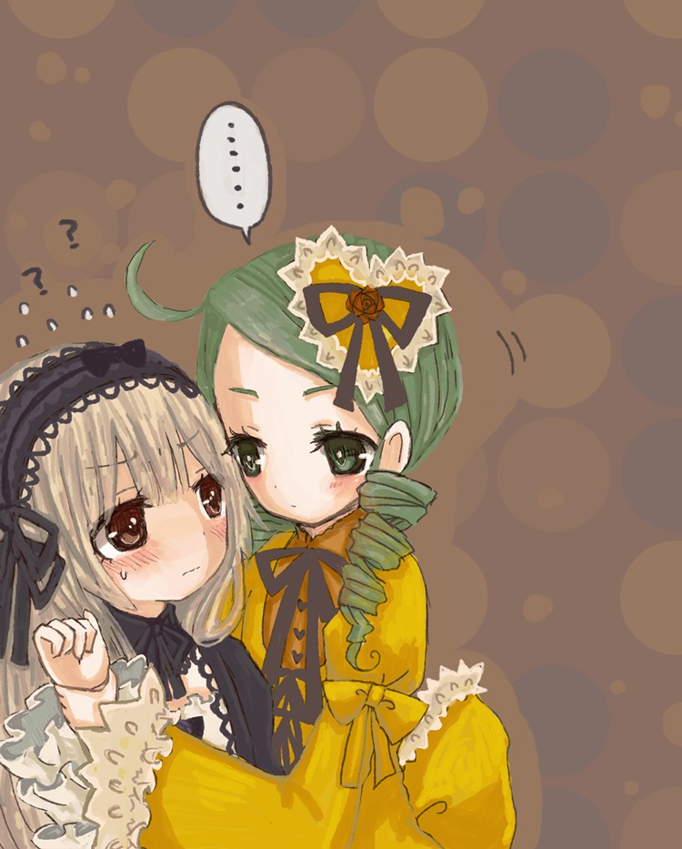 ... 2girls ? ahoge blush dress drill_hair frills green_eyes green_hair hairband image kanaria long_hair long_sleeves multiple_girls pair polka_dot polka_dot_background spoken_ellipsis suigintou twin_drills yuri