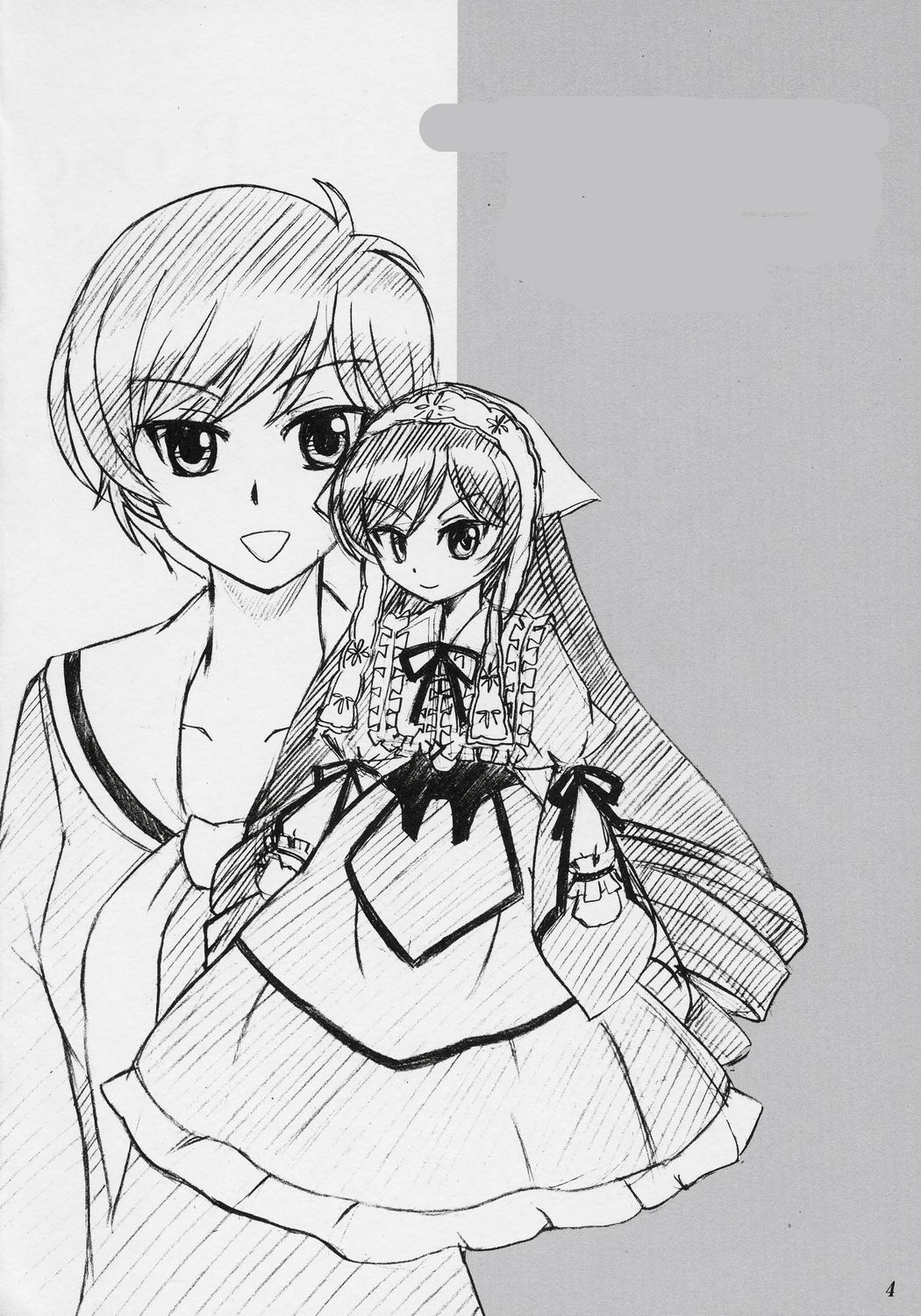 2girls :d blush dress greyscale hairband image long_hair long_sleeves looking_at_viewer monochrome multiple_girls open_mouth ribbon short_hair siblings smile solo suiseiseki very_long_hair