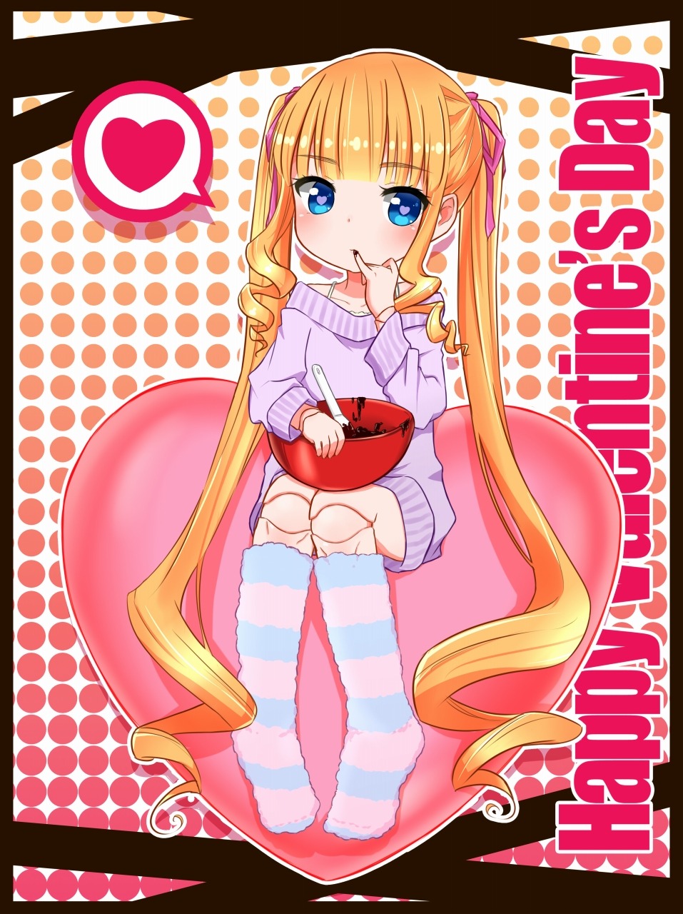 1girl blonde_hair blue_eyes blush chocolate drill_hair food halftone halftone_background heart image long_hair pocky polka_dot polka_dot_background polka_dot_legwear shinku sitting solo sweater twin_drills twintails valentine very_long_hair