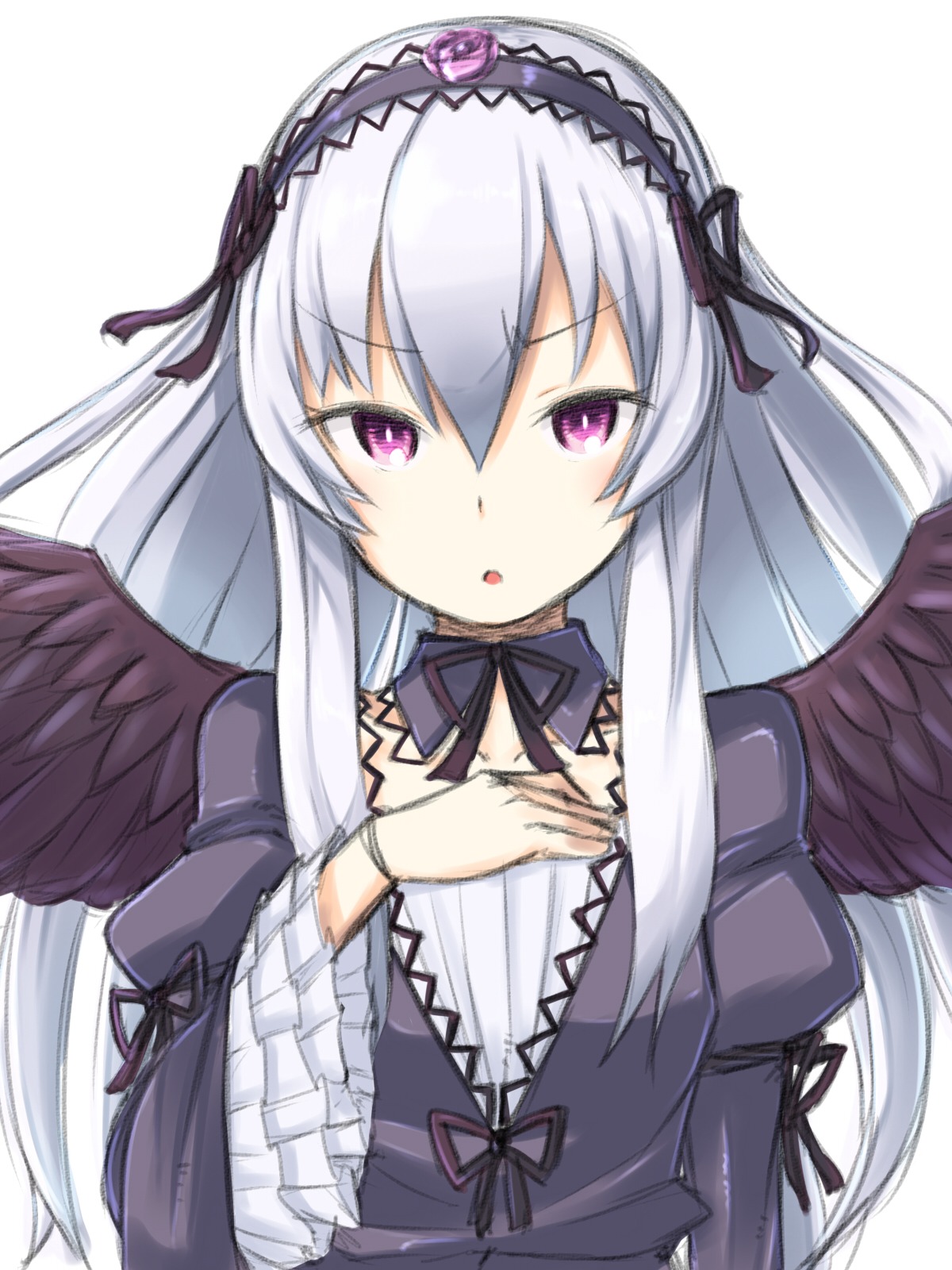 1girl :o auto_tagged black_ribbon black_wings blush commentary_request detached_collar dress feathered_wings frilled_sleeves frills gothic_lolita hairband highres image juliet_sleeves lolita_fashion lolita_hairband long_hair long_sleeves looking_at_viewer motorii pink_eyes puffy_sleeves purple_eyes ribbon rozen_maiden silver_hair sketch solo suigintou upper_body white_background wings