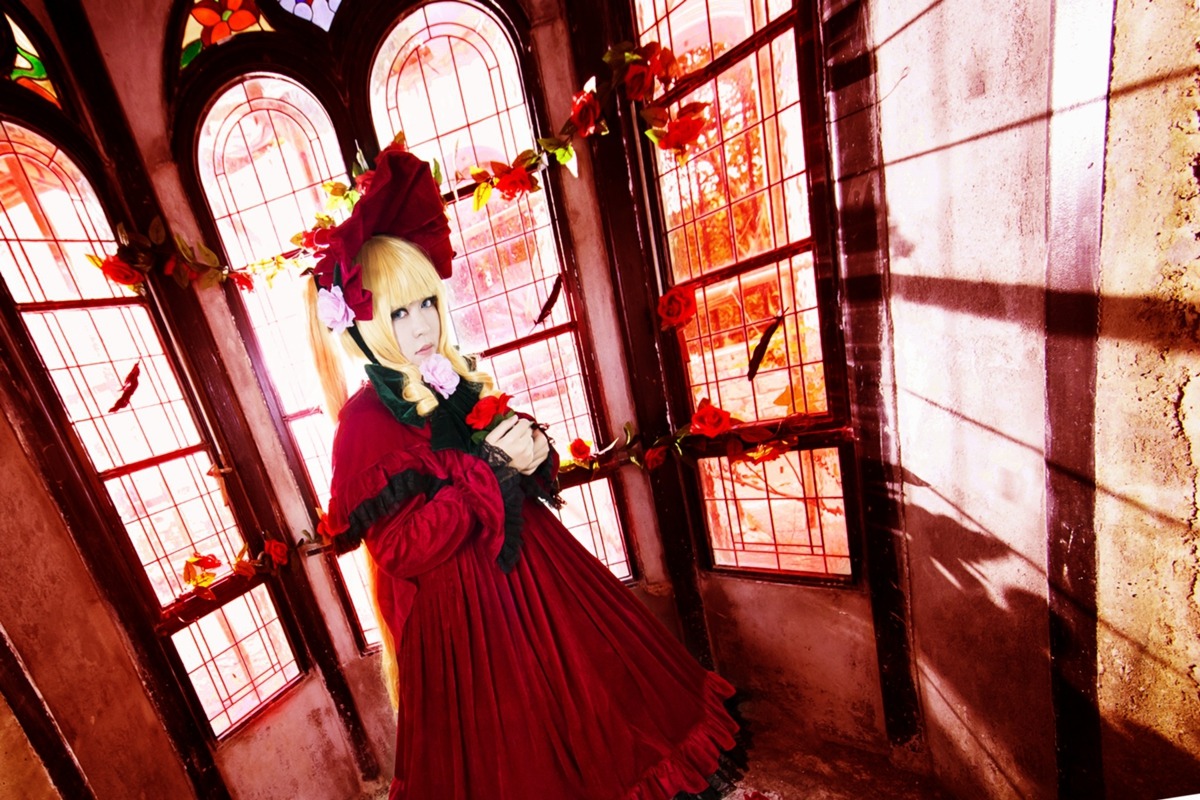 1girl blonde_hair blue_eyes checkered checkered_floor dress flower indoors red_dress shinku solo window