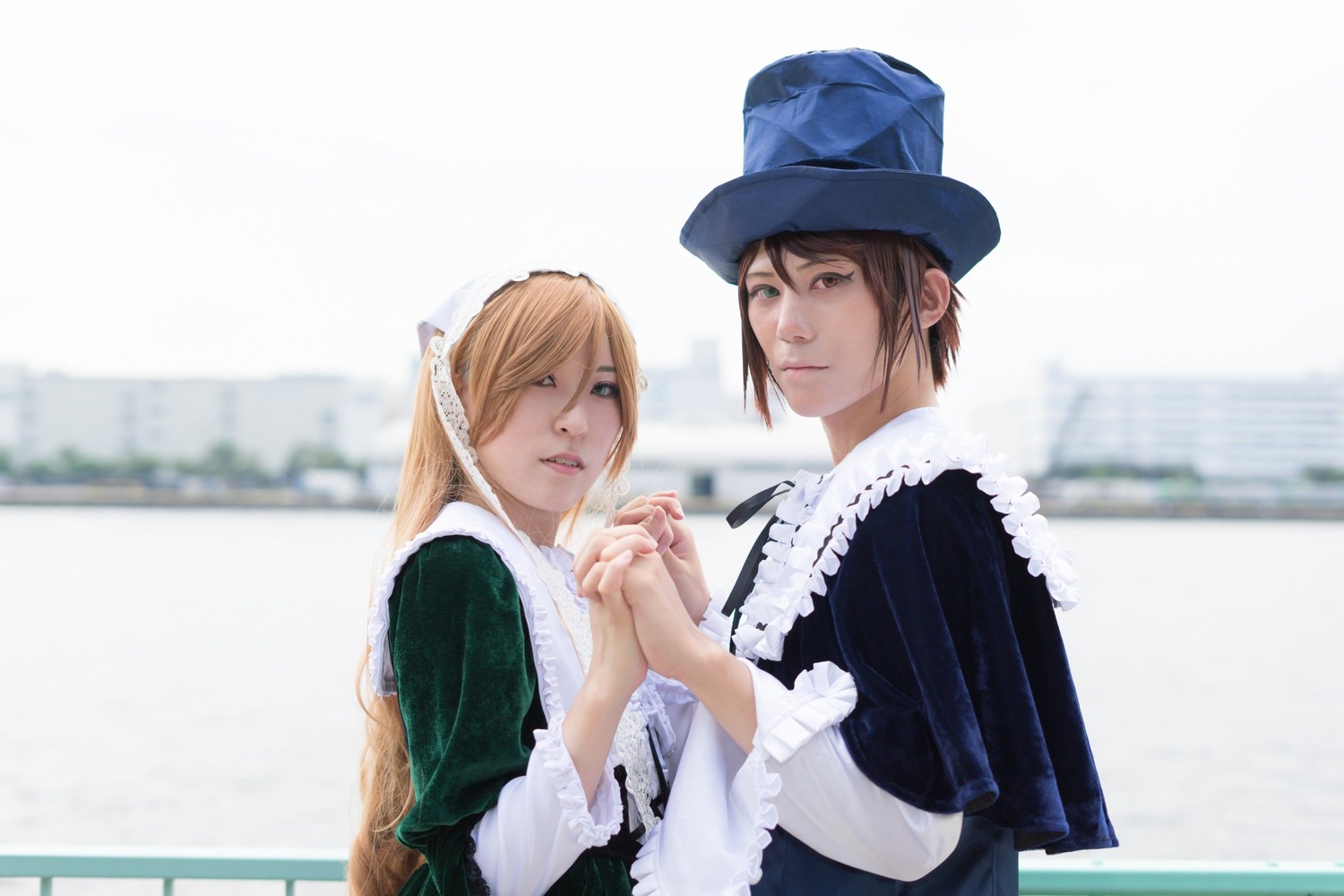 1girl apron bag blonde_hair blue_eyes blurry brown_hair depth_of_field dress hands_clasped hat holding_hands interlocked_fingers lips long_hair looking_at_viewer multiple_cosplay own_hands_together realistic tagme wide_sleeves