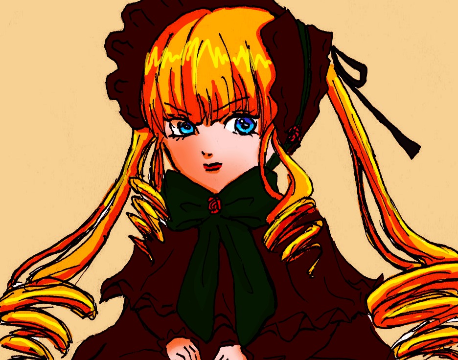 1girl bangs blonde_hair blue_eyes bonnet bow bowtie dress drill_hair green_bow image long_hair long_sleeves looking_at_viewer red_dress ribbon shinku simple_background solo twin_drills twintails upper_body yellow_background