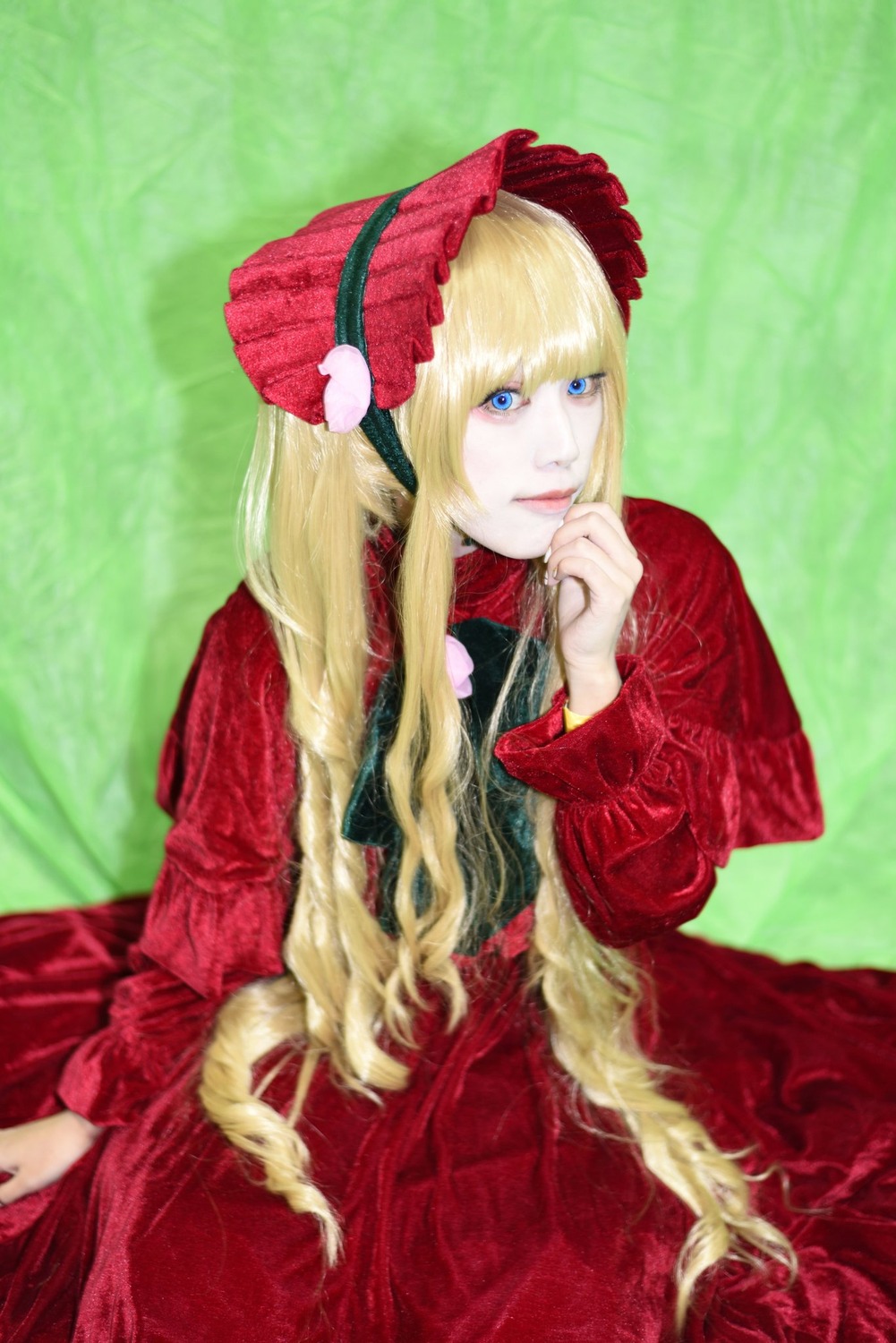 1girl bangs blonde_hair blue_eyes bonnet dress flower hand_up lips long_hair long_sleeves looking_at_viewer red_dress shinku solo traditional_media