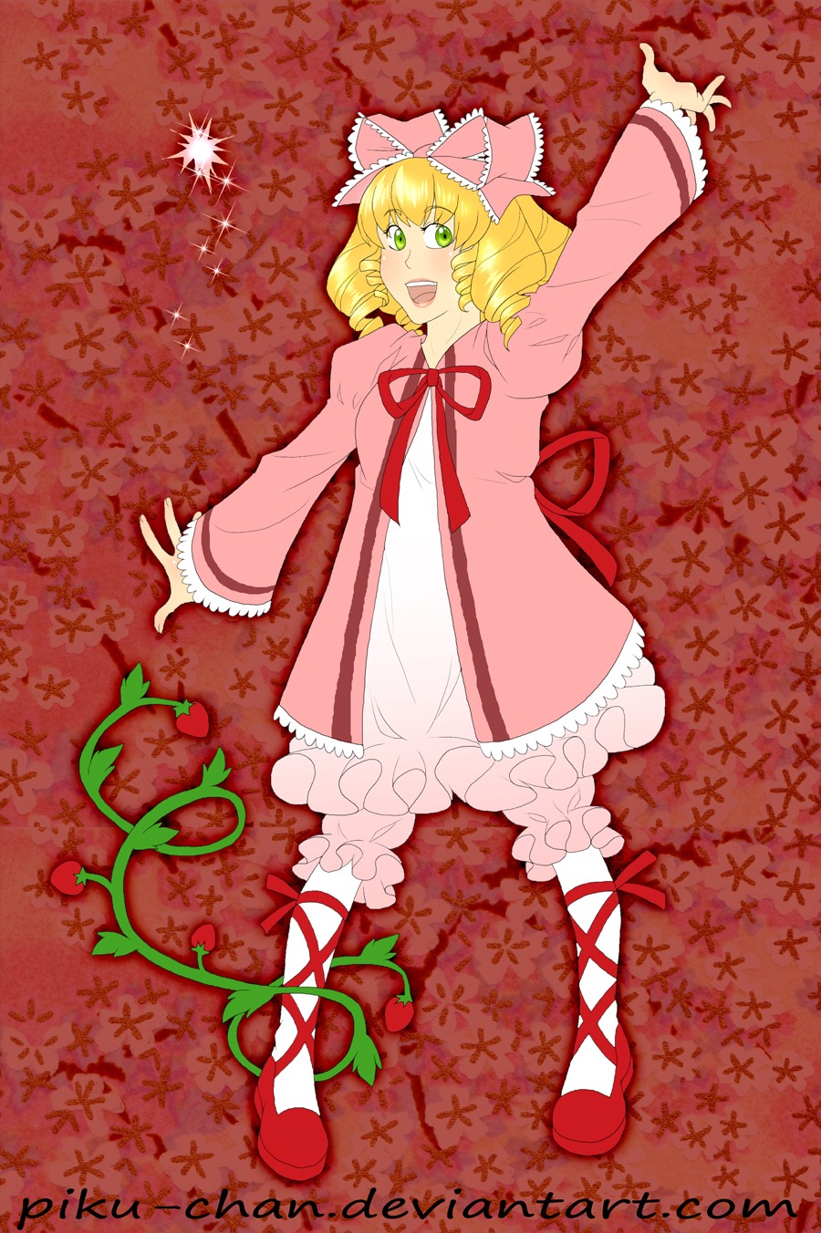 1girl blonde_hair bloomers bow dress frills full_body green_eyes hair_bow hina_ichigo hinaichigo image long_sleeves open_mouth outstretched_arms pink_bow pink_dress ribbon short_hair smile solo underwear white_bloomers