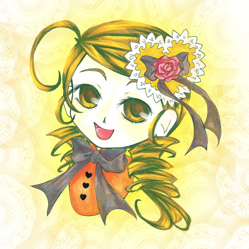 1girl ahoge blonde_hair bow drill_hair flower hair_ornament hat heart image kanaria open_mouth portrait red_flower red_rose rose smile solo twin_drills yellow_background