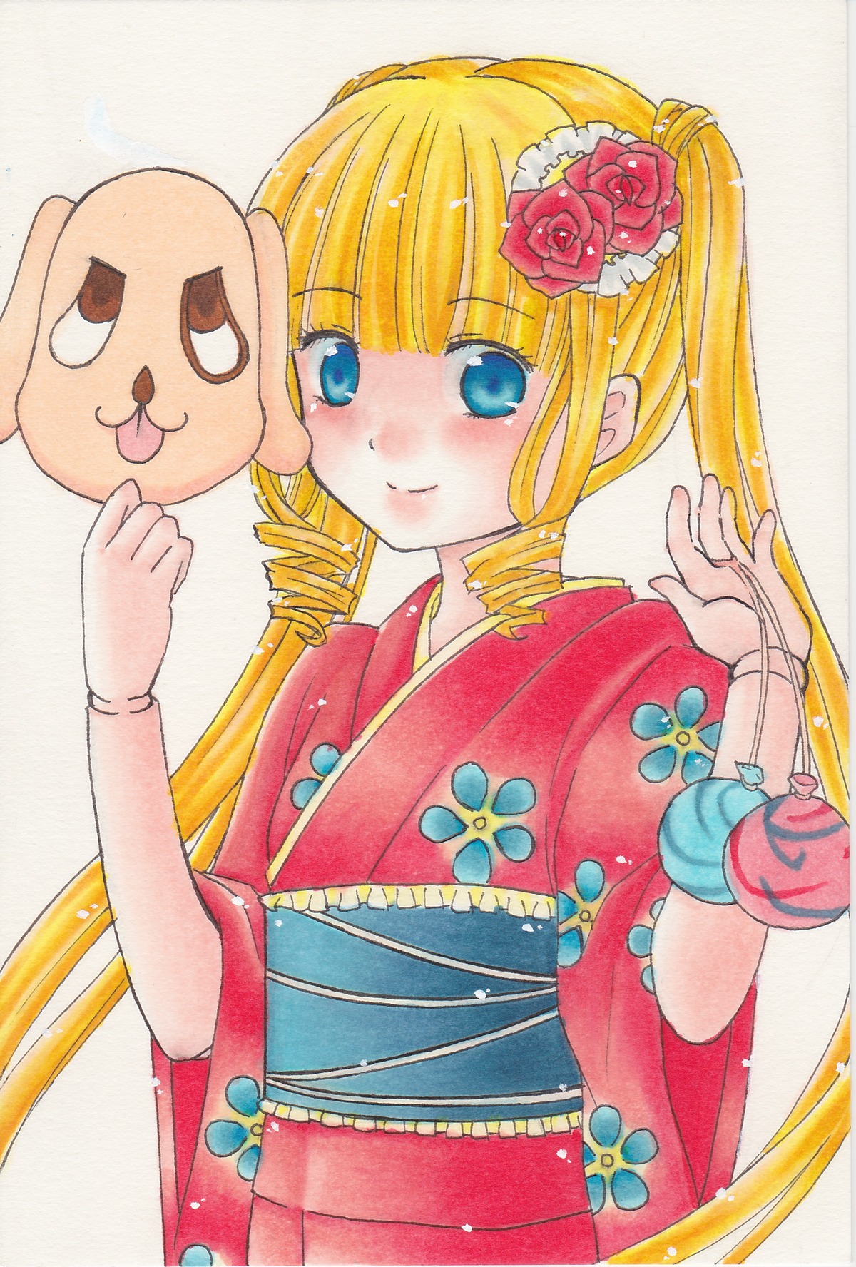 1girl blonde_hair blue_eyes blush drill_hair flower hair_flower hair_ornament image japanese_clothes kimono long_hair marker_(medium) obi red_flower rose sash shinku smile solo traditional_media twin_drills twintails