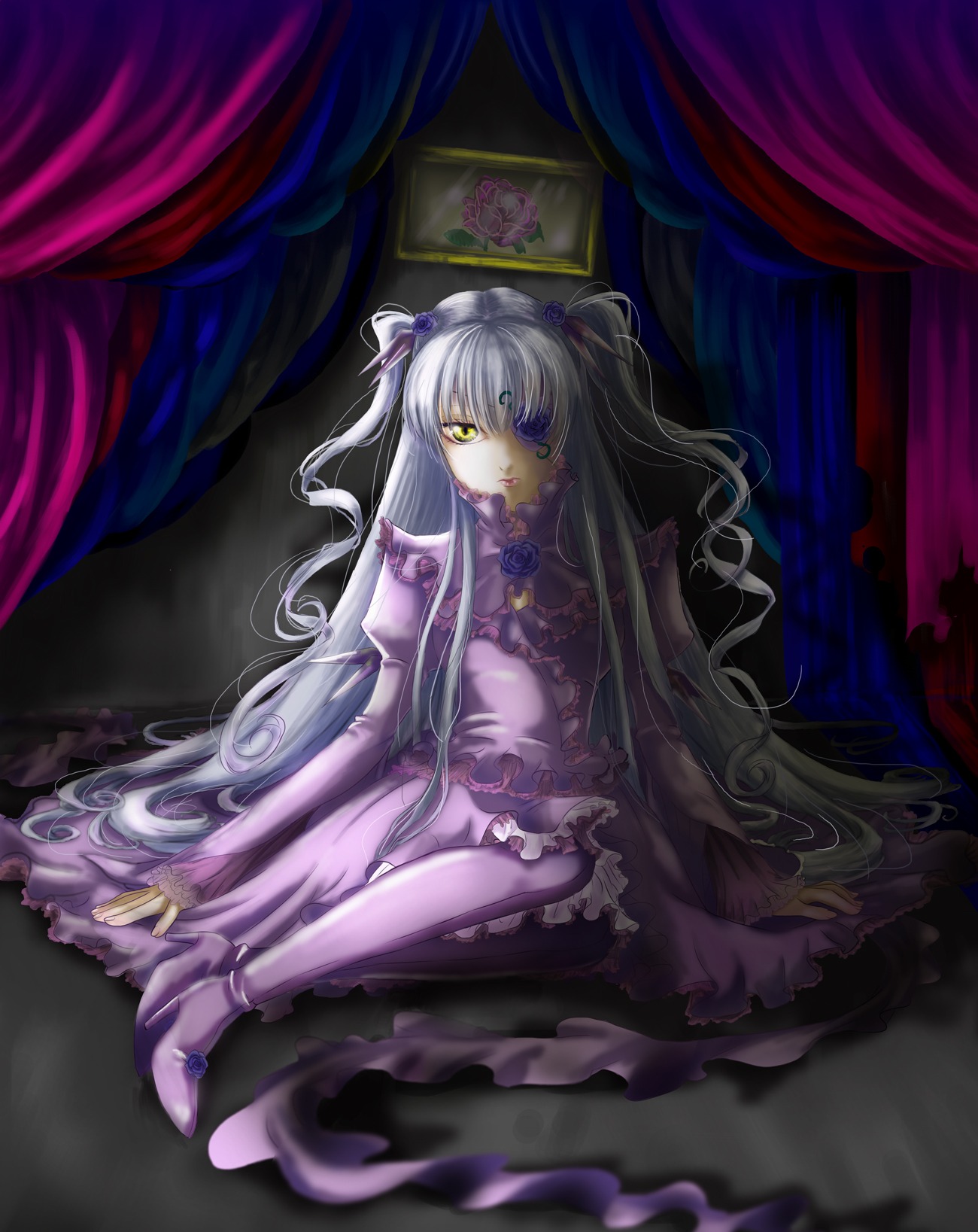 1girl barasuishou curtains dress expressionless flower frills hair_ornament image long_hair looking_at_viewer rose silver_hair sitting solo very_long_hair wavy_hair yellow_eyes