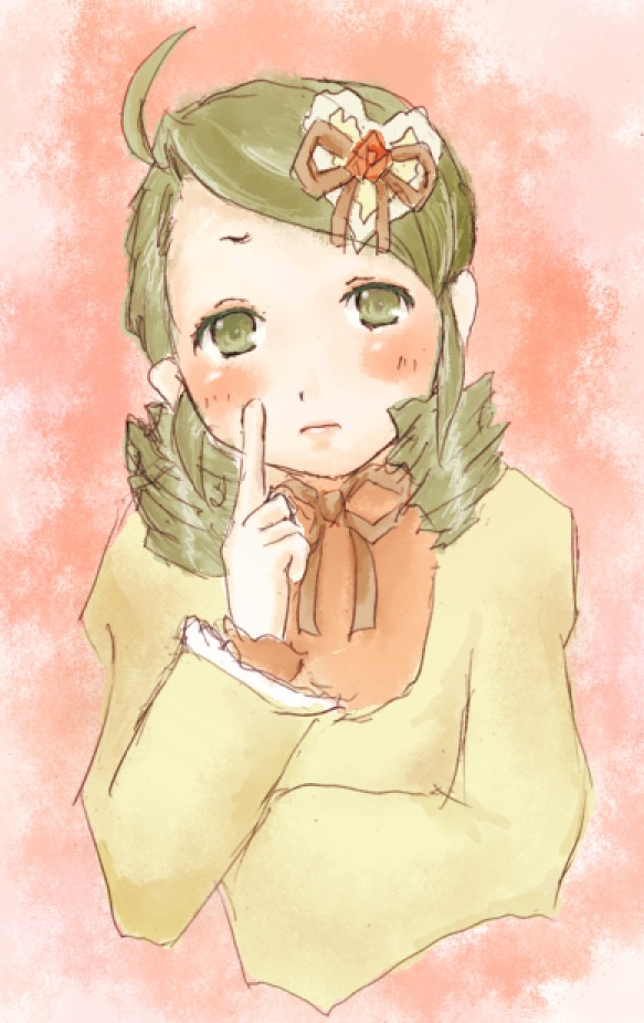 1girl ahoge blush bowtie drill_hair green_eyes green_hair hair_ornament image index_finger_raised kanaria long_sleeves looking_at_viewer pink_background ribbon solo upper_body