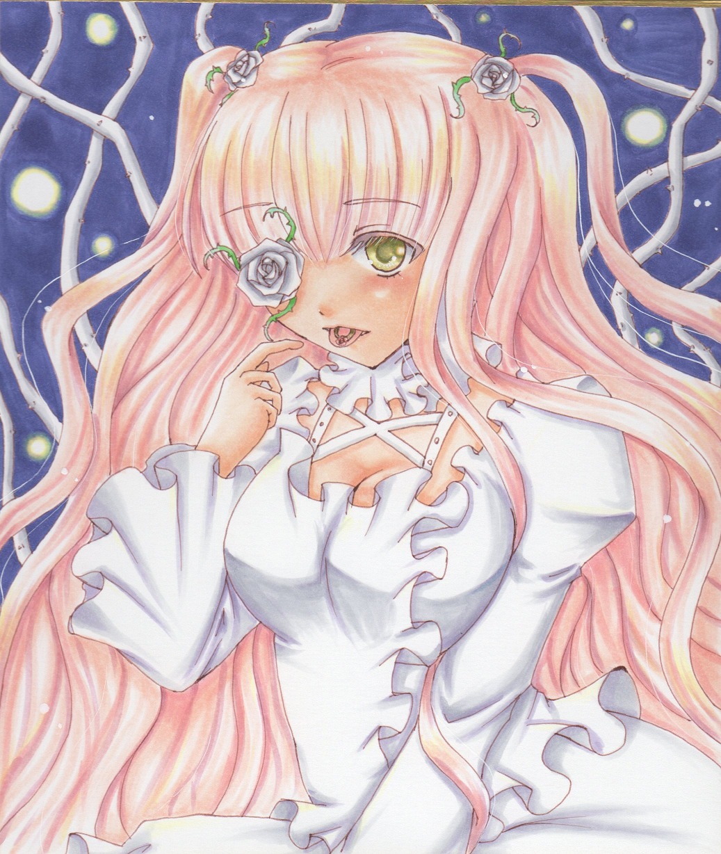 1girl acrylic_paint_(medium) breasts cleavage colored_pencil_(medium) dress eyepatch flower frills hair_flower hair_ornament image kirakishou long_hair marker_(medium) medium_breasts pastel_(medium) pink_hair rose shikishi solo thorns tongue tongue_out traditional_media two_side_up very_long_hair watercolor_(medium) white_flower white_rose yellow_eyes