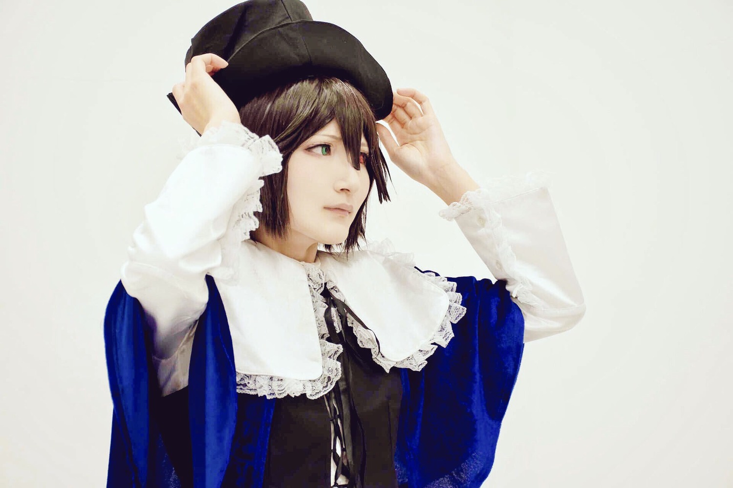 1boy adjusting_clothes frills hand_on_headwear hat long_sleeves realistic ribbon solo souseiseki top_hat upper_body