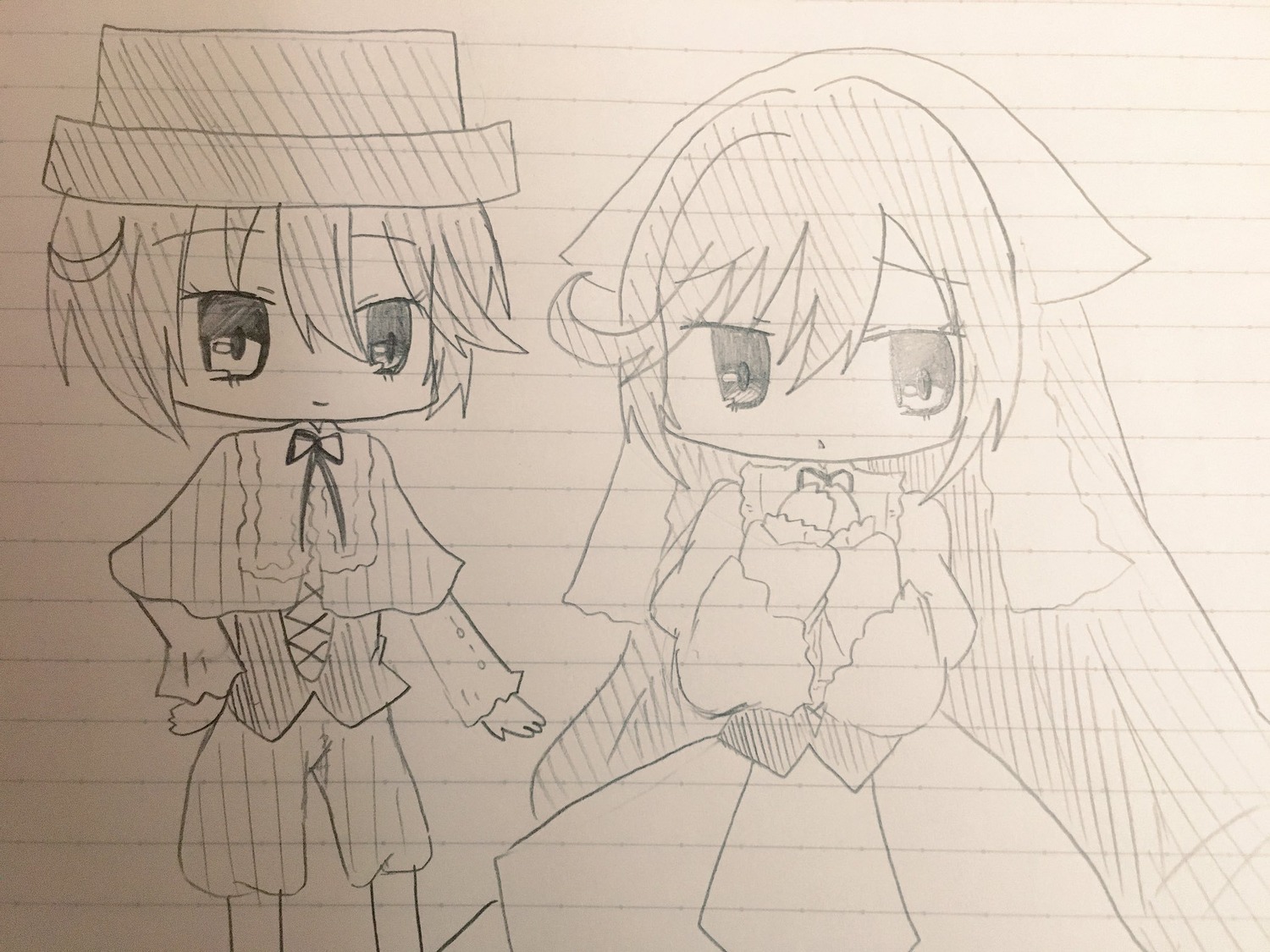 1boy 1girl bangs blush capelet eyebrows_visible_through_hair hair_between_eyes hat image long_sleeves monochrome pair souseiseki standing suiseiseki zoom_layer