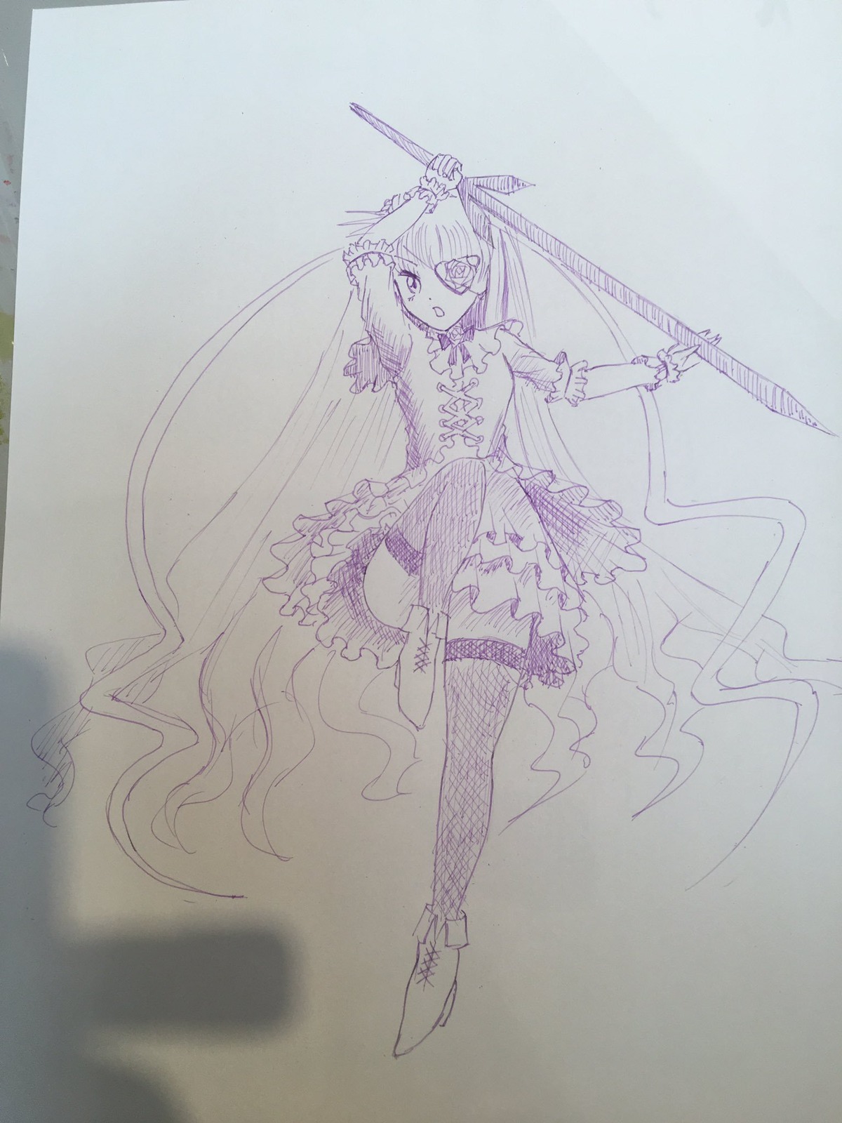 1girl barasuishou dress frills image long_hair monochrome solo sword thighhighs traditional_media very_long_hair weapon