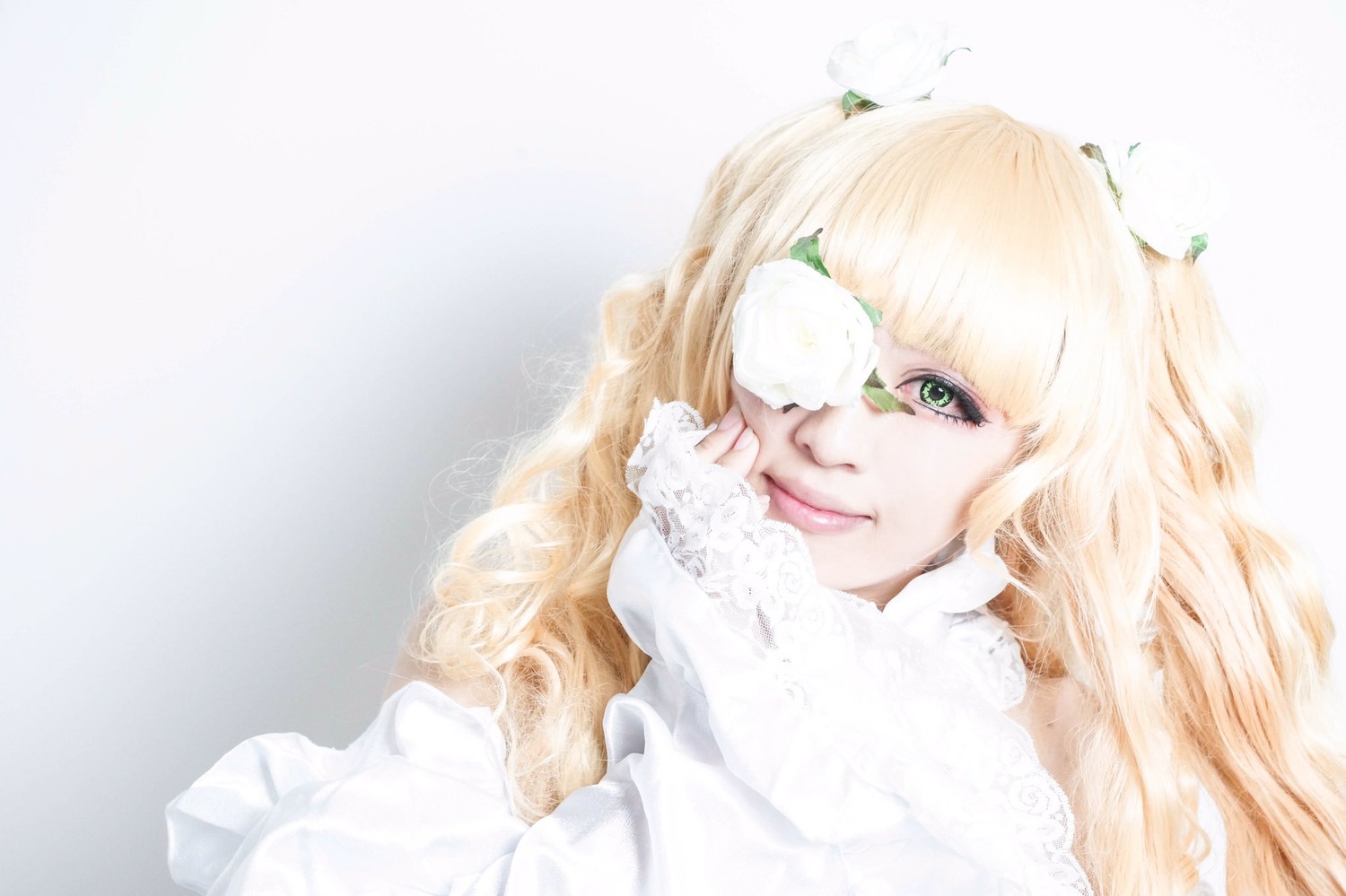 1girl bangs blonde_hair closed_mouth eyepatch green_eyes kirakishou lips long_hair looking_at_viewer portrait solo striped vertical_stripes