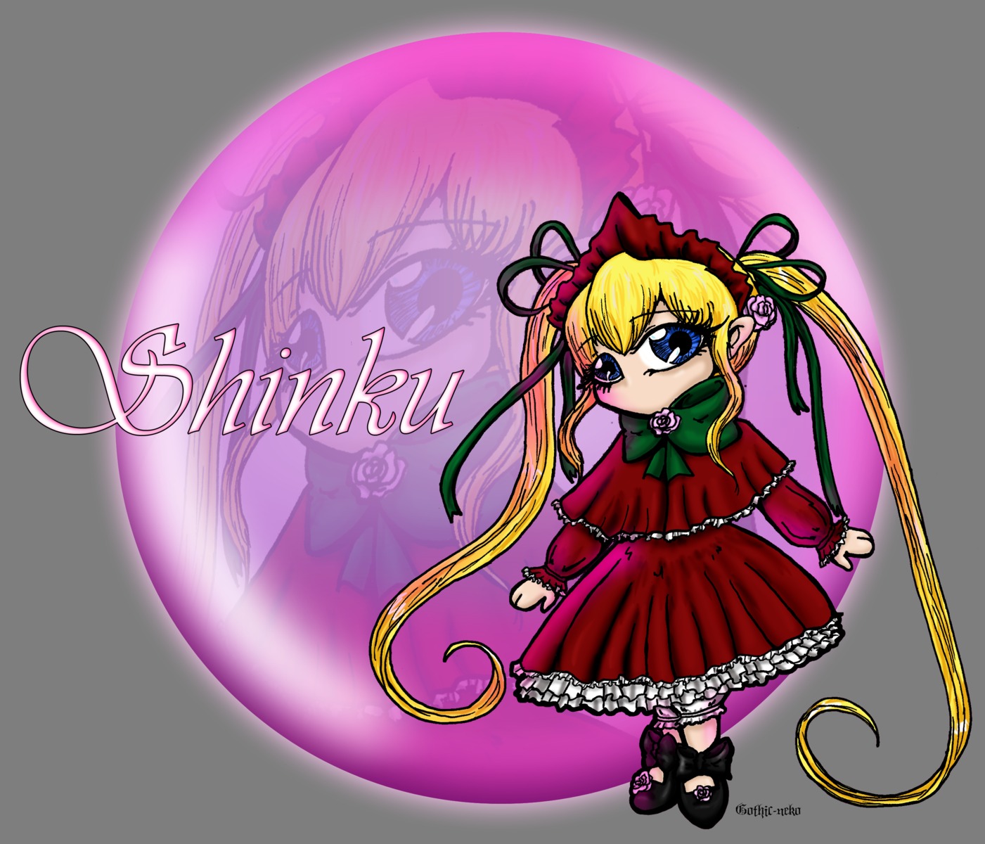 1girl blonde_hair blue_eyes bonnet bow bowtie capelet dress flower full_body green_bow hair_ribbon image long_hair long_sleeves looking_at_viewer red_dress ribbon shinku shoes solo standing twintails very_long_hair zoom_layer