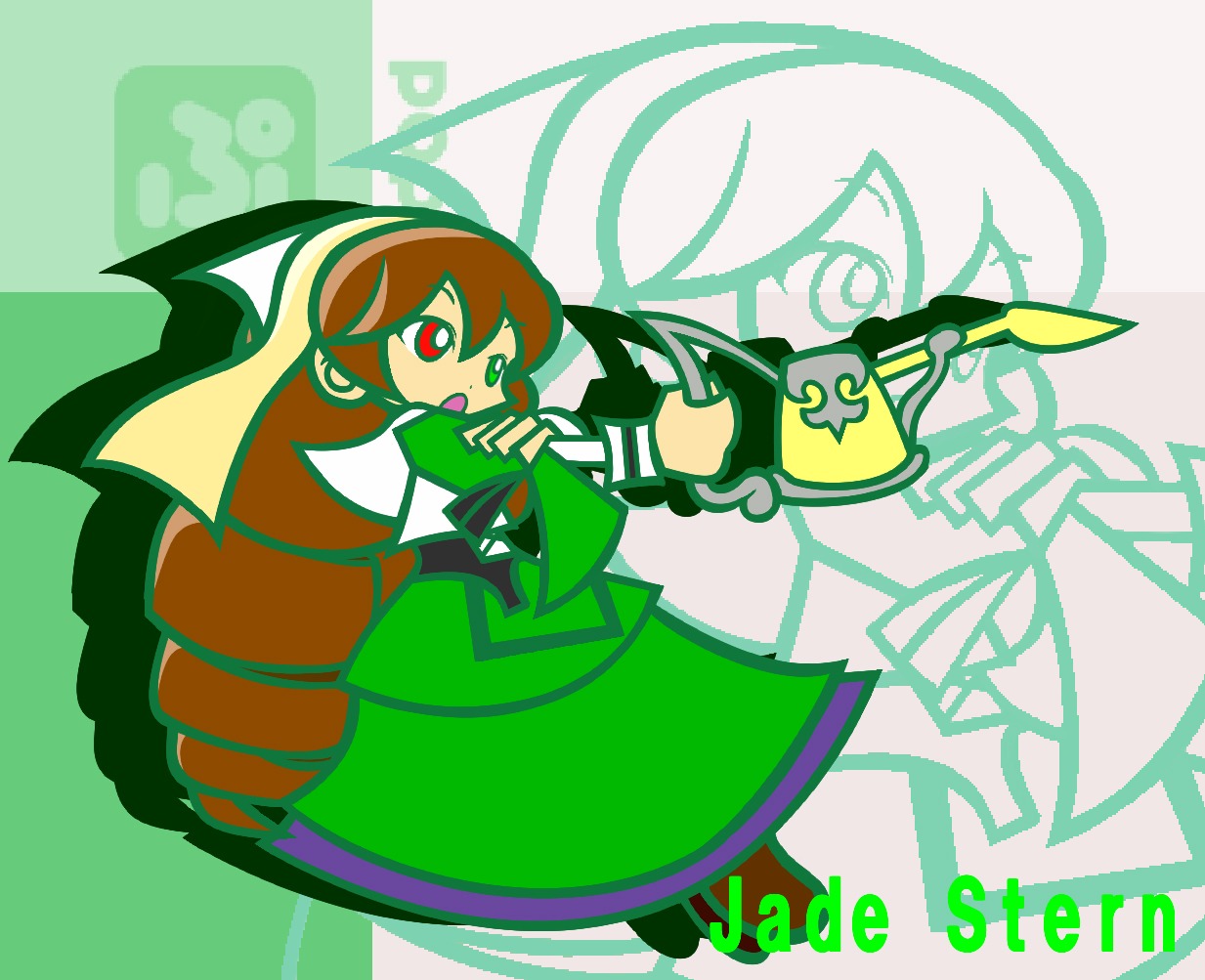 1girl brown_hair chibi commentary_request dress full_body green_dress green_skirt green_theme hairband heterochromia image long_hair parody puyopuyo puyopuyo_fever red_eyes rozen_maiden school_uniform solo style_parody suiseiseki very_long_hair weapon y&k