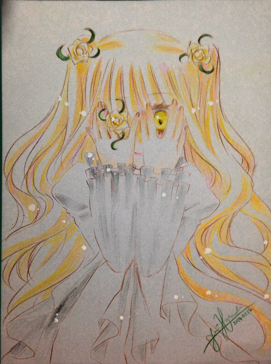 1girl blonde_hair dress expressionless flower frills hair_ornament image kirakishou long_hair long_sleeves looking_at_viewer marker_(medium) signature solo traditional_media watercolor_(medium) yellow_eyes