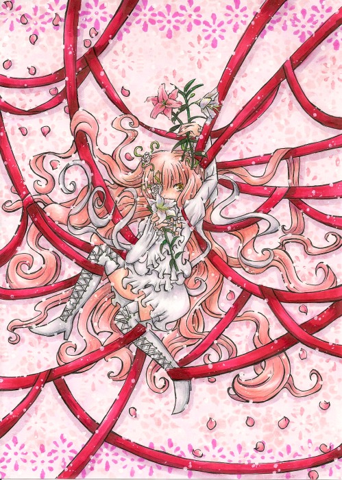 1girl cherry_blossoms dress flower frills image kirakishou long_hair petals pink_hair plant ribbon solo tentacles thighhighs thorns very_long_hair vines white_dress yellow_eyes