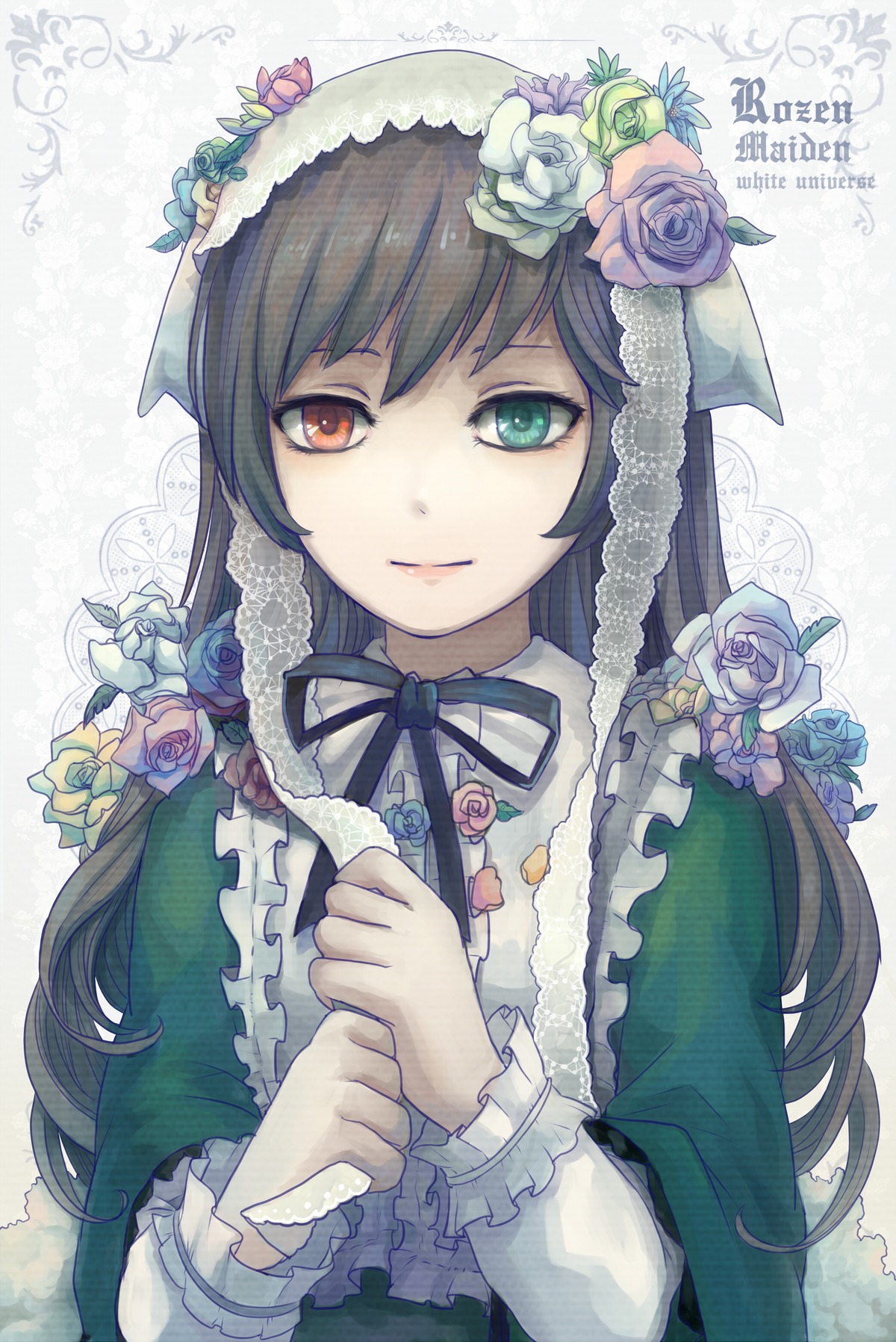 1girl absurdres aoiakamaou bangs black_neckwear black_ribbon blue_flower blue_rose bonnet brown_hair commentary_request copyright_name dress flower frills green_dress green_eyes hair_flower hair_ornament heterochromia highres image lace lace-trimmed_ribbon lace_trim long_hair long_sleeves neck_ribbon pink_flower pink_rose purple_rose red_eyes ribbon rose rozen_maiden smile solo suiseiseki white_flower white_rose yellow_rose