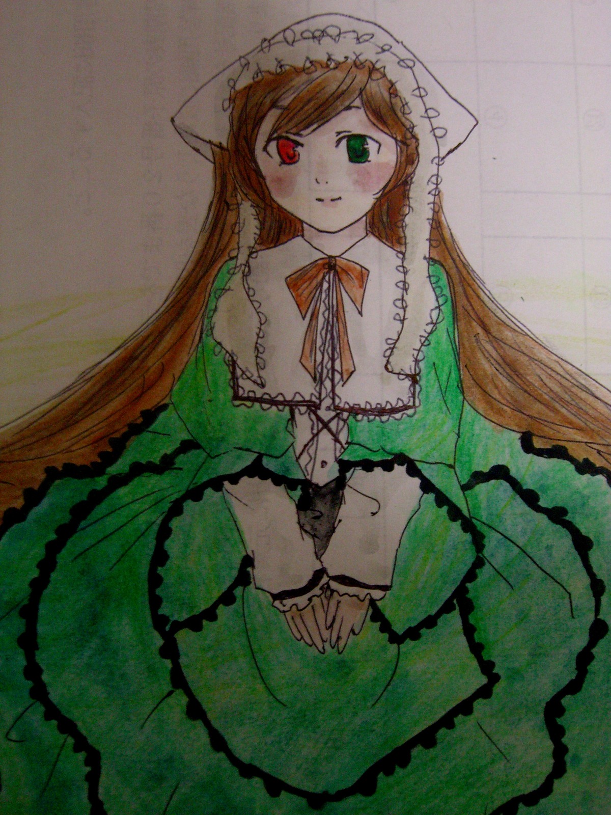 1girl blush brown_hair dress frills green_dress green_eyes heterochromia image long_hair long_sleeves looking_at_viewer red_eyes simple_background solo suiseiseki v_arms very_long_hair