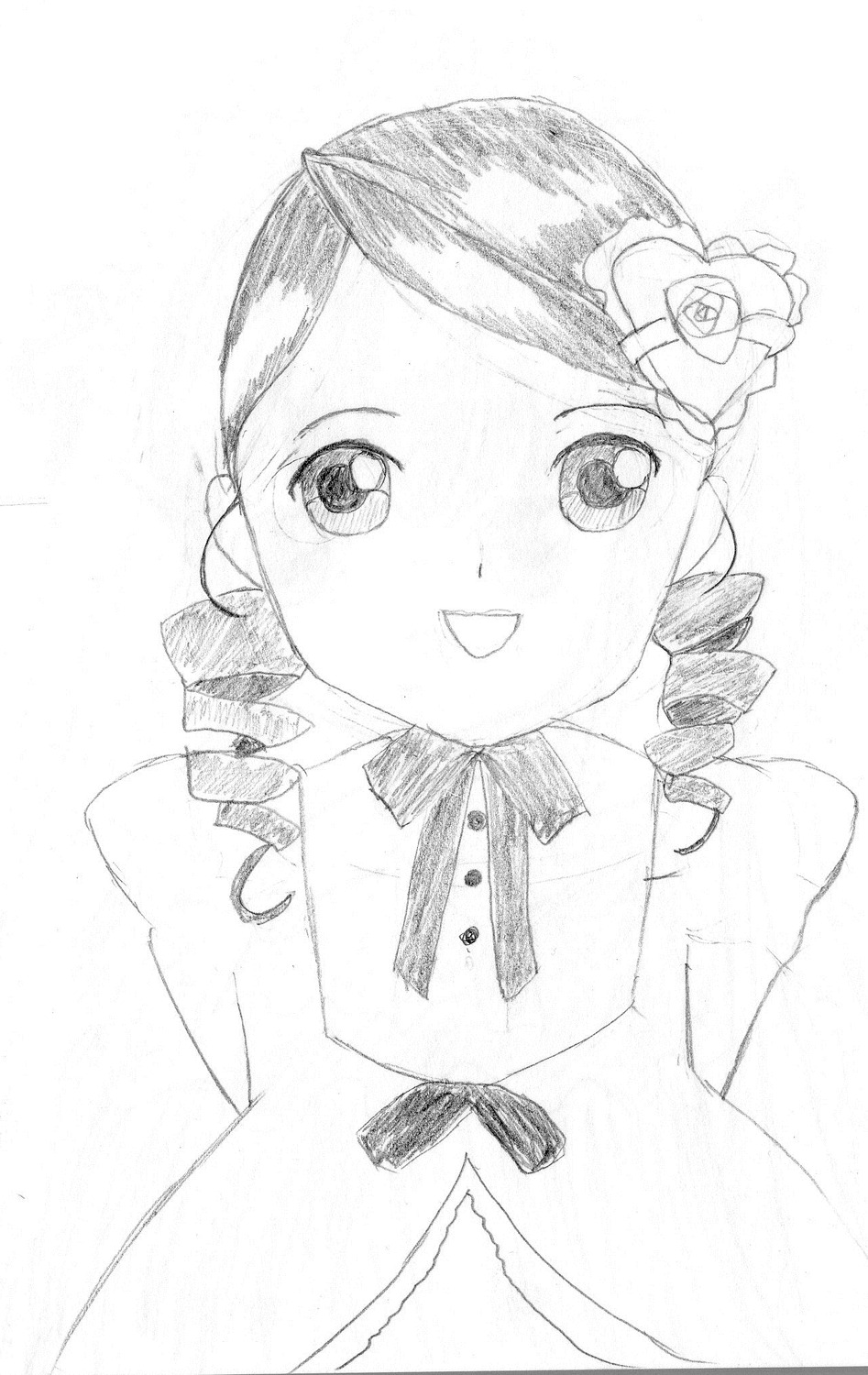 1girl :d dress drill_hair flower greyscale hair_ornament image kanaria long_sleeves looking_at_viewer monochrome neck_ribbon open_mouth ribbon simple_background smile solo twin_drills upper_body white_background