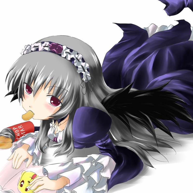 1girl black_wings blush dress eating food frilled_sleeves frills hairband image long_hair long_sleeves pink_eyes rose silver_hair solo suigintou wings