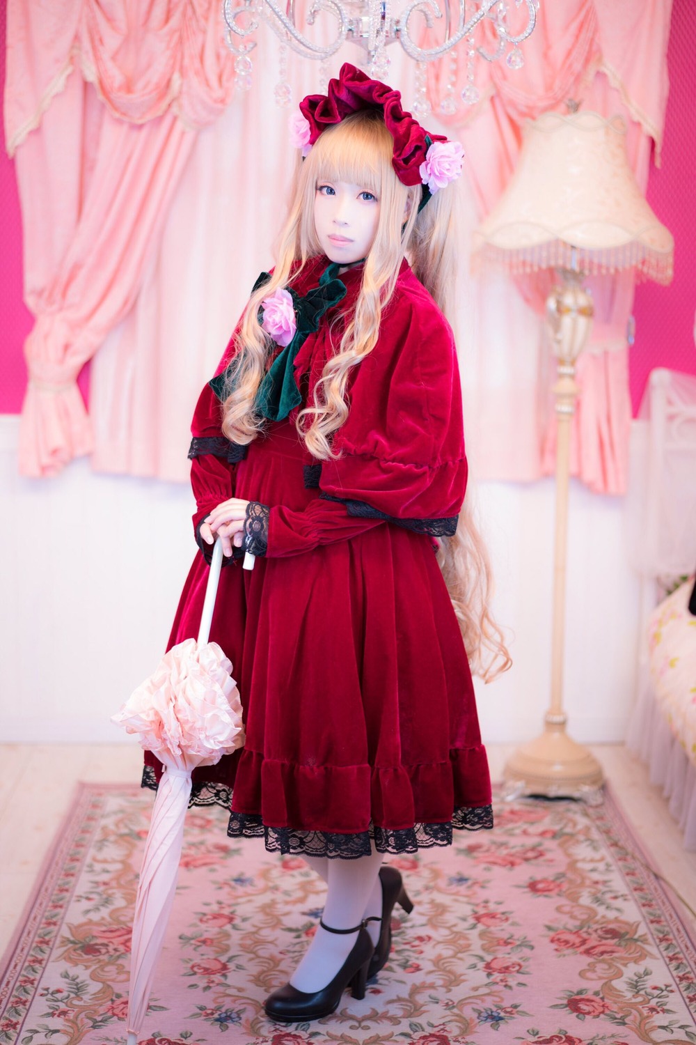 1girl bangs black_footwear blonde_hair blue_eyes blurry bow curtains dress flower high_heels holding long_hair looking_at_viewer red_dress shinku solo standing