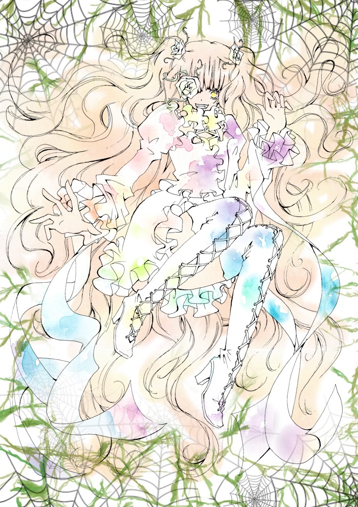 1girl dress flower frills image kaname_madoka kirakishou leaf long_hair long_sleeves multiple_girls pink_hair plant solo thighhighs ultimate_madoka very_long_hair vines yellow_eyes