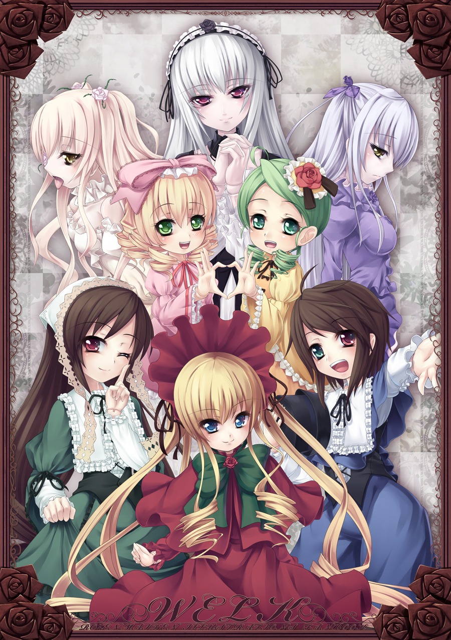 6+girls asa_(swallowtail) bangs barasuishou blonde_hair blue_eyes blush bonnet bow brown_hair commentary_request doll_joints dress drill_hair eyebrows_visible_through_hair flower frills green_eyes green_hair hair_between_eyes hair_ornament hairband heart heterochromia highres hina_ichigo image joints kanaria kirakishou long_hair long_sleeves multiple multiple_girls one_eye_closed open_mouth photoshop_(medium) pink_bow purple_hair red_eyes rose rozen_maiden shinku short_hair siblings silver_hair sisters smile souseiseki suigintou suiseiseki tagme twins twintails very_long_hair yellow_eyes