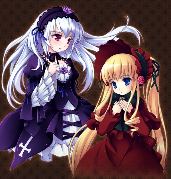 2girls blonde_hair blue_eyes blush bonnet bow dress flower frills hairband hands_on_own_chest image long_hair long_sleeves multiple_girls pair red_eyes rose shinku suigintou twintails very_long_hair
