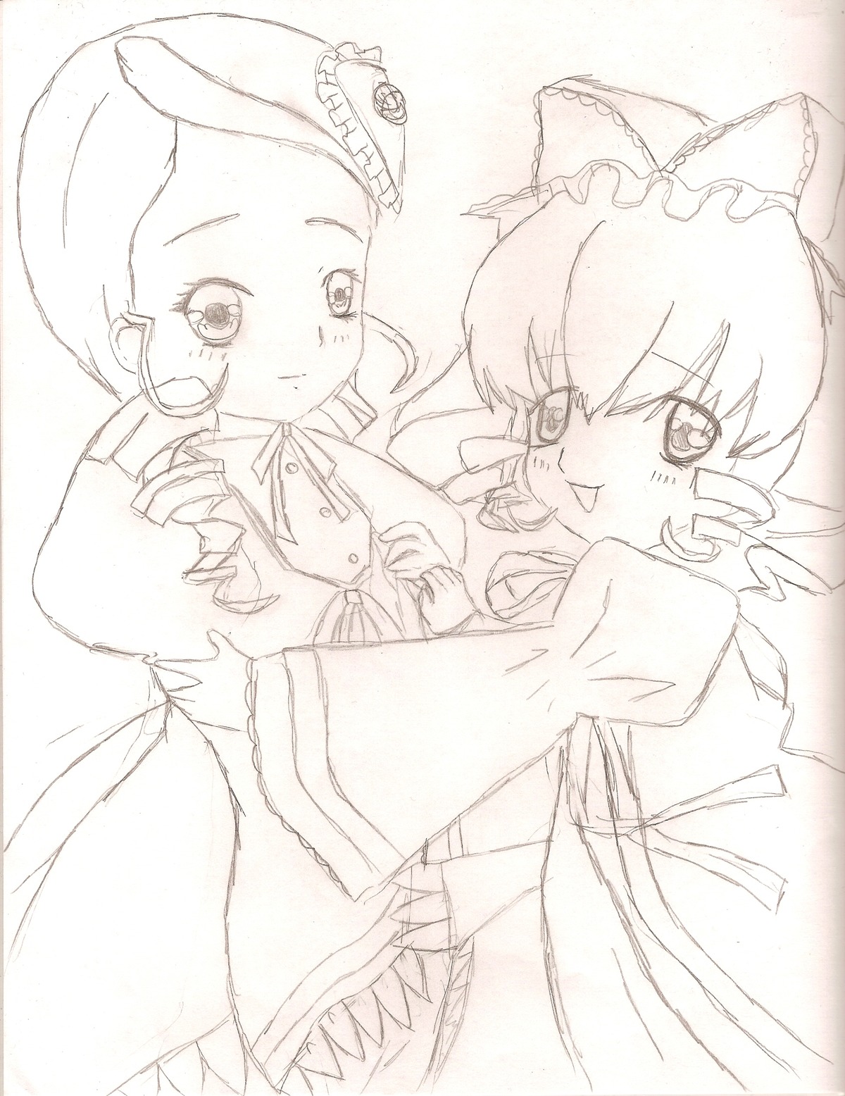 2girls auto_tagged dress drill_hair hat hinaichigo image kanaria long_sleeves looking_at_viewer monochrome multiple_girls pair smile twin_drills