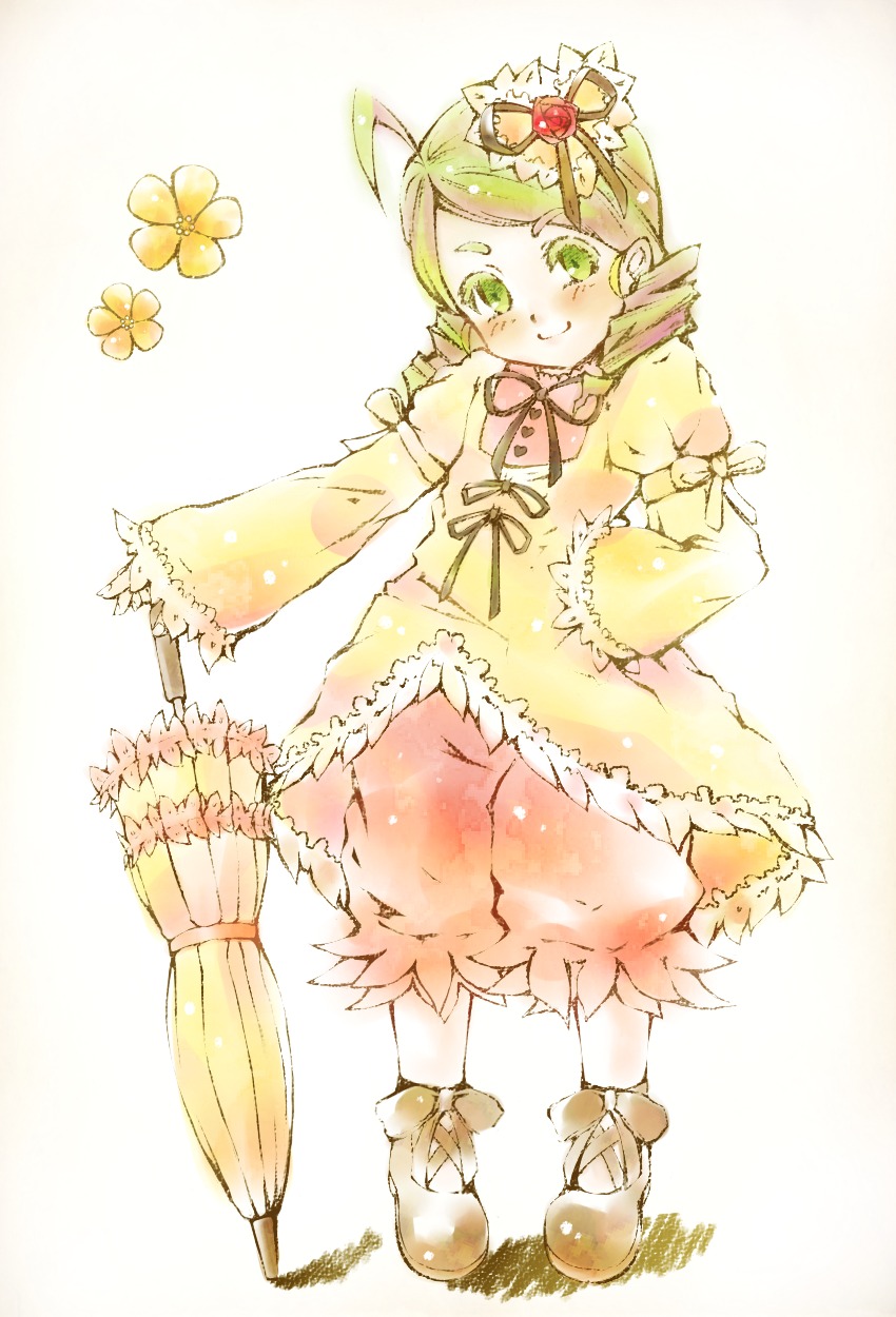 1girl ahoge bloomers blush broom dress drill_hair flower full_body green_eyes green_hair image kanaria long_sleeves puffy_pants puffy_sleeves ribbon smile solo standing striped underwear vertical_stripes white_bloomers