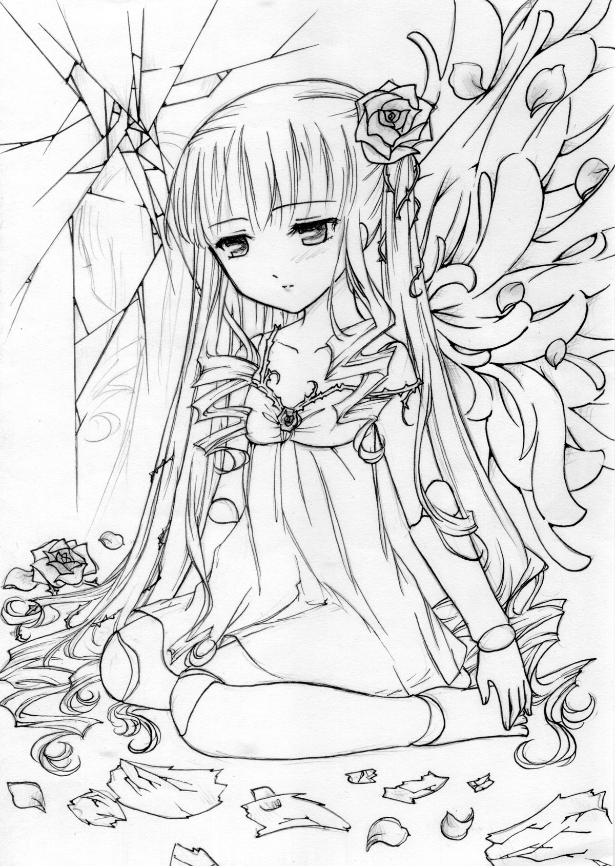 1girl blush bound dress flower greyscale hair_flower hair_ornament image jewelry long_hair monochrome petals rose shinku sitting solo very_long_hair