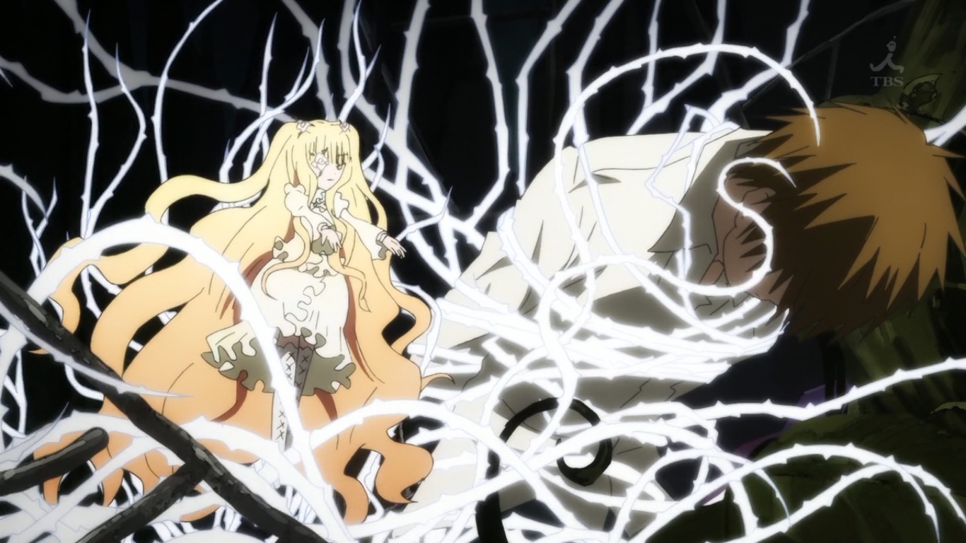 1boy 1girl blonde_hair brown_hair dress electricity image kirakishou long_hair solo spiked_hair very_long_hair