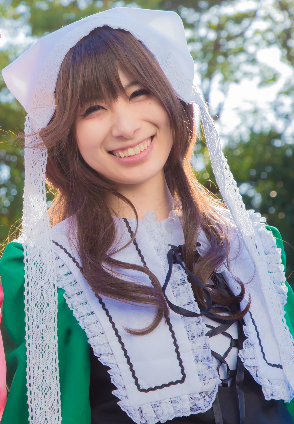 1girl blurry blurry_background brown_hair closed_eyes depth_of_field facing_viewer flower jewelry long_hair necklace pearl_necklace smile solo suiseiseki veil