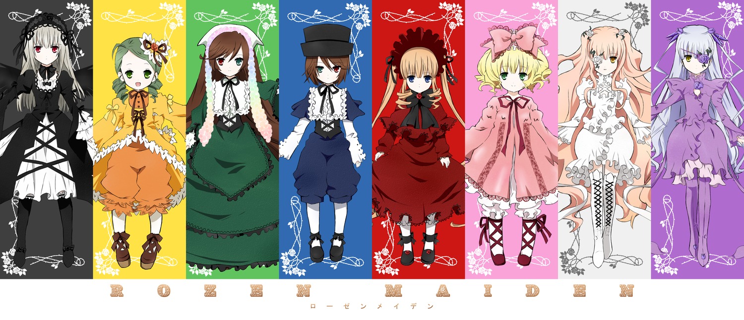 6+girls blonde_hair blue_eyes boots bow brown_hair dress drill_hair flower frills hairband hat heterochromia hina_ichigo image long_hair multiple multiple_girls pantyhose pink_bow red_eyes shinku silver_hair smile souseiseki suigintou suiseiseki tagme wings